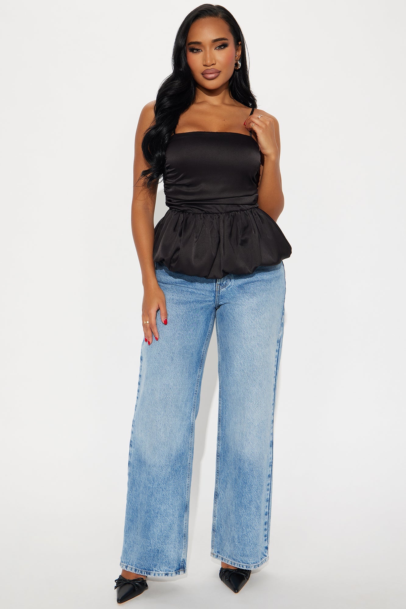Too Sweet Satin Bubble Hem Top - Black