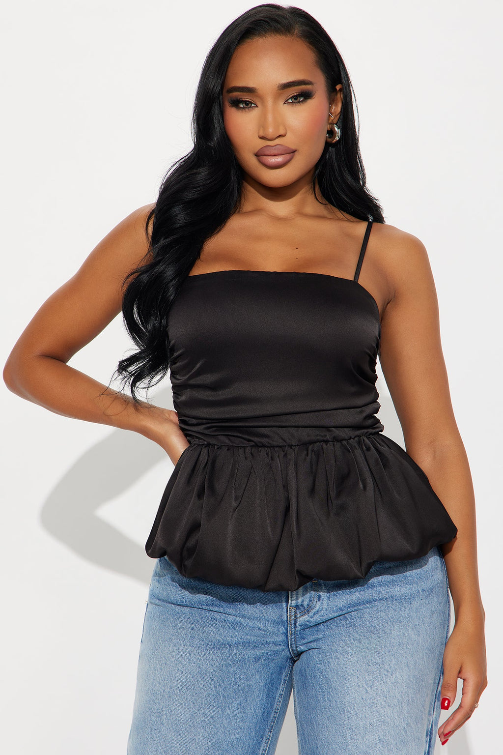 Too Sweet Satin Bubble Hem Top - Black