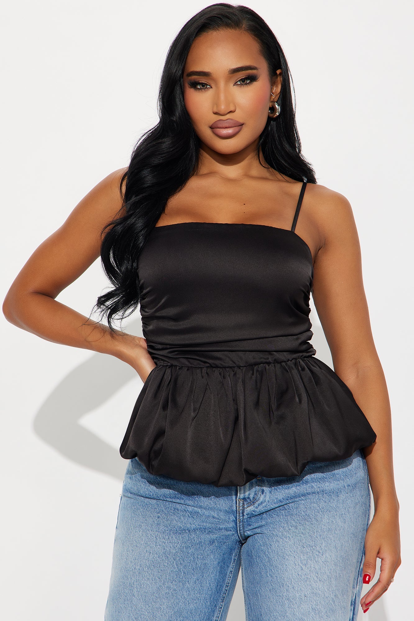Too Sweet Satin Bubble Hem Top - Black