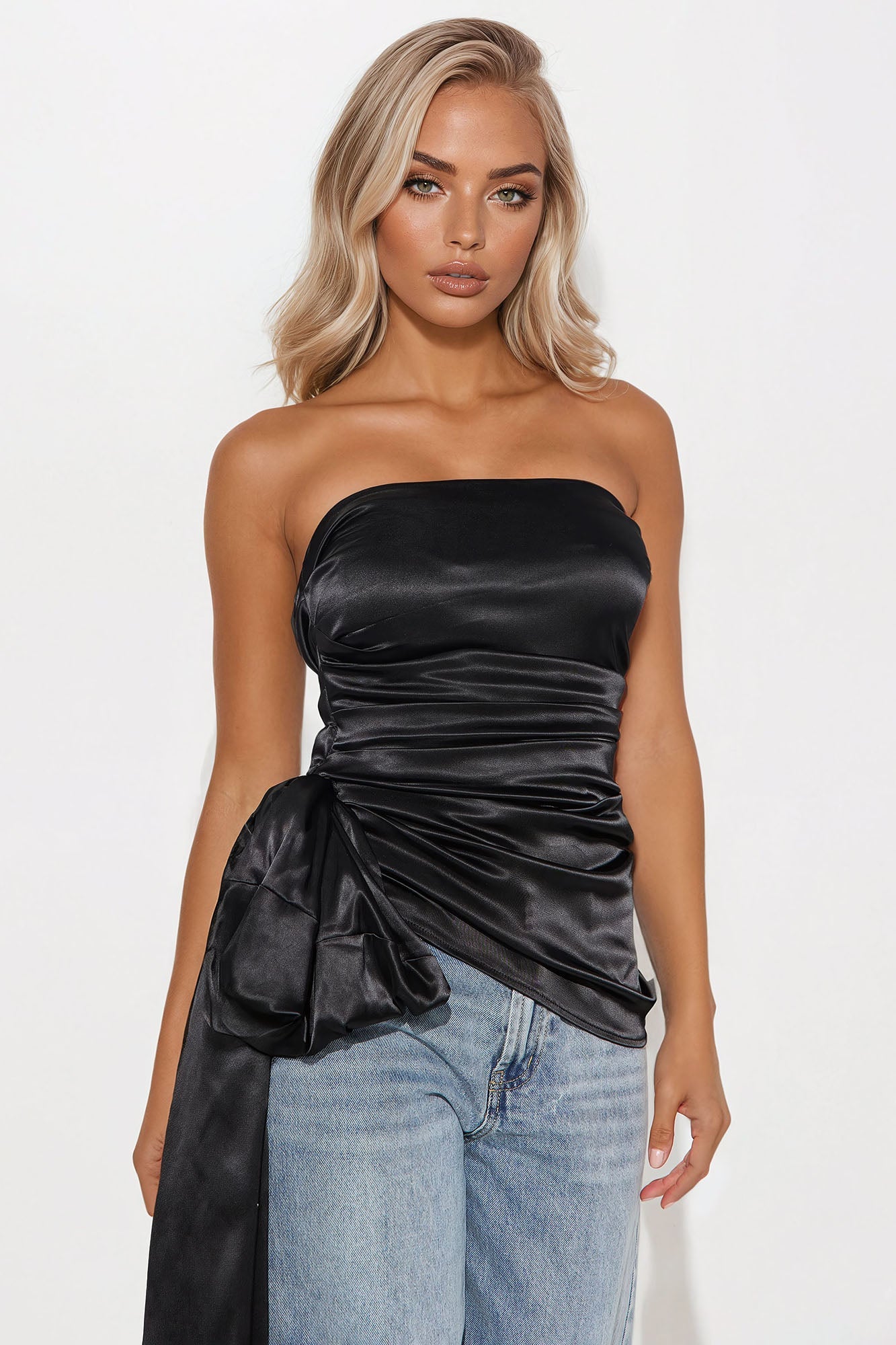 Marlina Bow Satin Top - Black