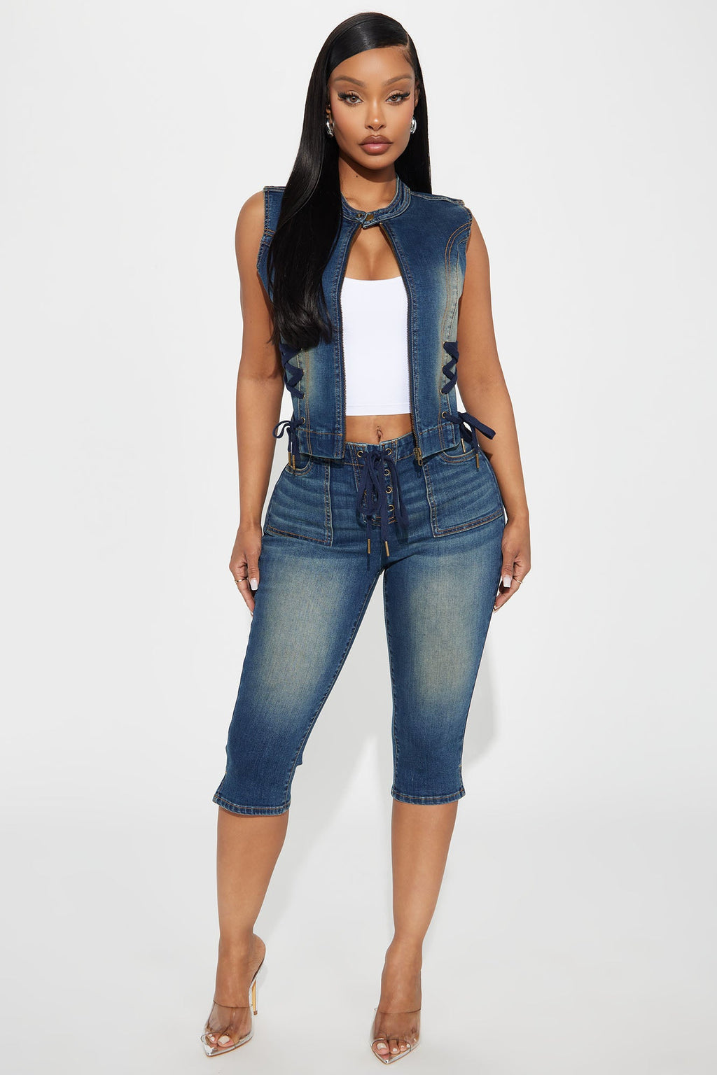 Leveled Up Lace Up Stretch Denim Capris - Dark Wash