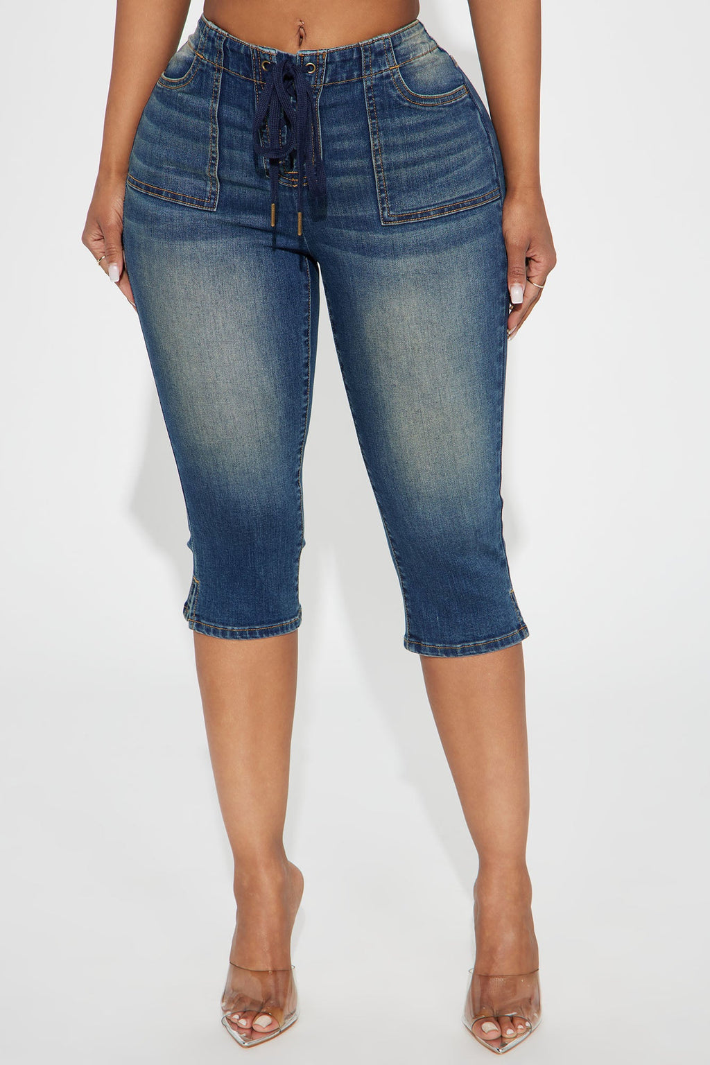 Leveled Up Lace Up Stretch Denim Capris - Dark Wash