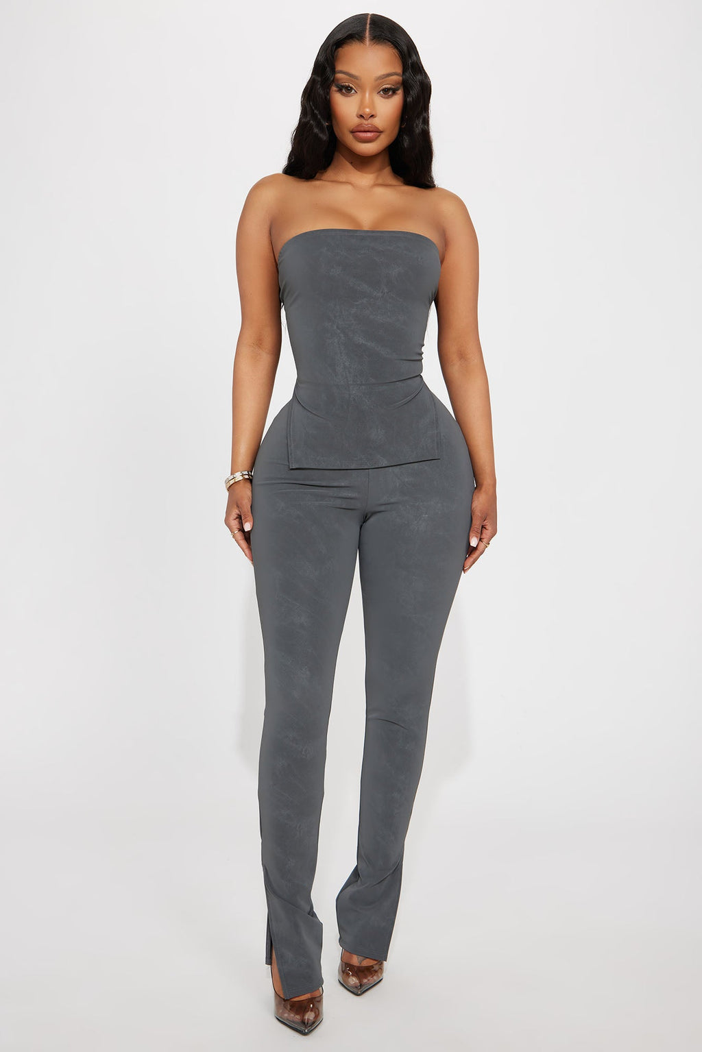 Anna Faux Leather Pant Set - Slate Grey