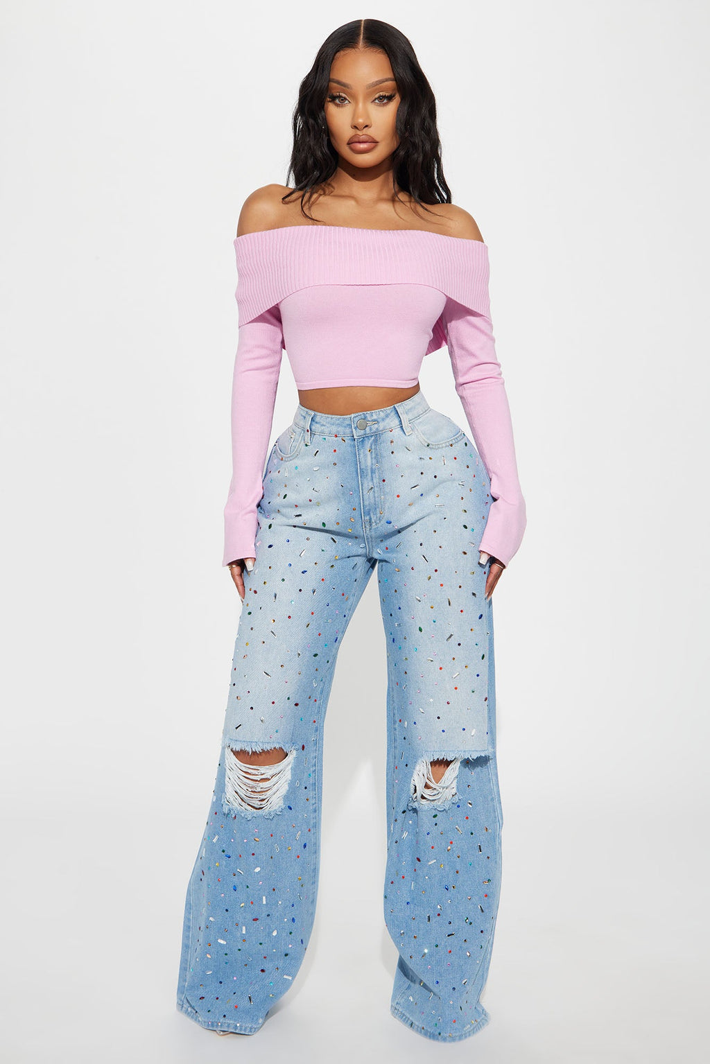 Make It Shine Ripped Embellished Baggy Jeans - Light Wash