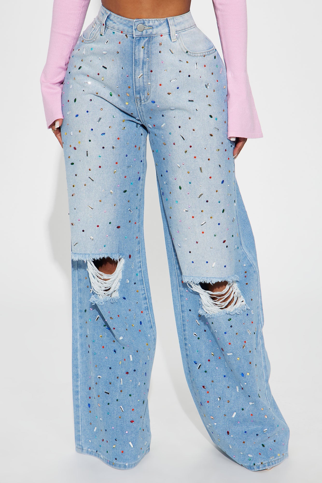 Make It Shine Ripped Embellished Baggy Jeans - Light Wash