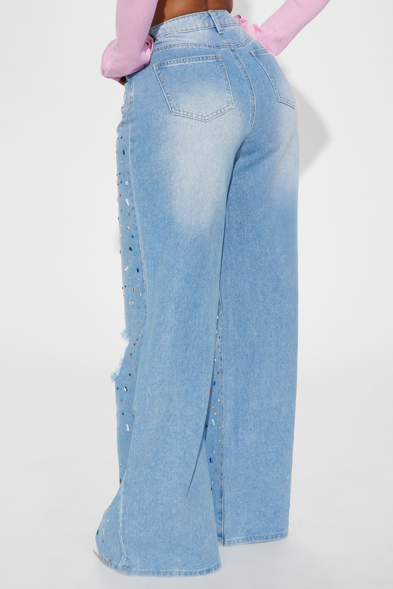 Make It Shine Ripped Embellished Baggy Jeans - Light Wash