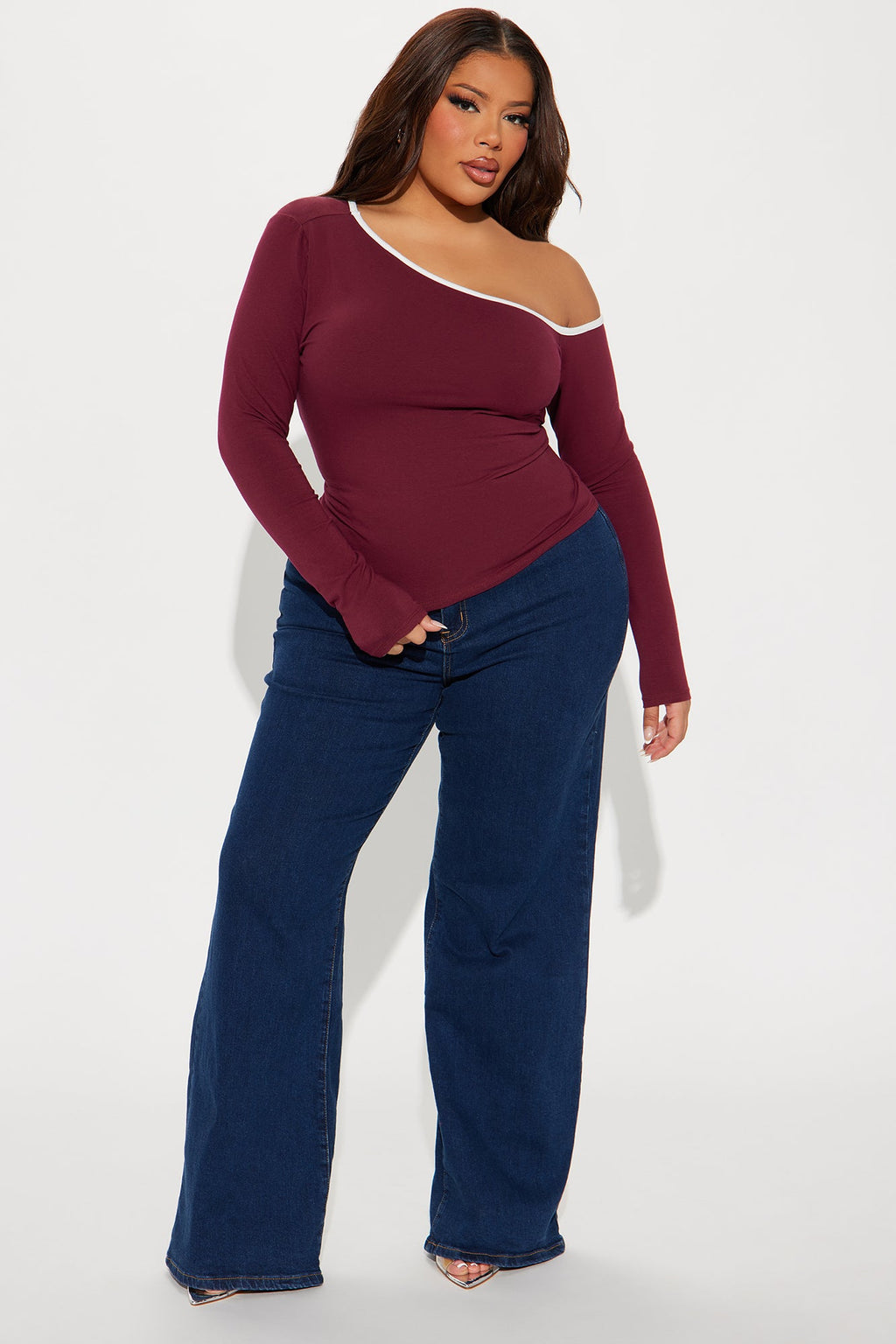 Macie Off Shoulder Long Sleeve Top - Burgundy/combo