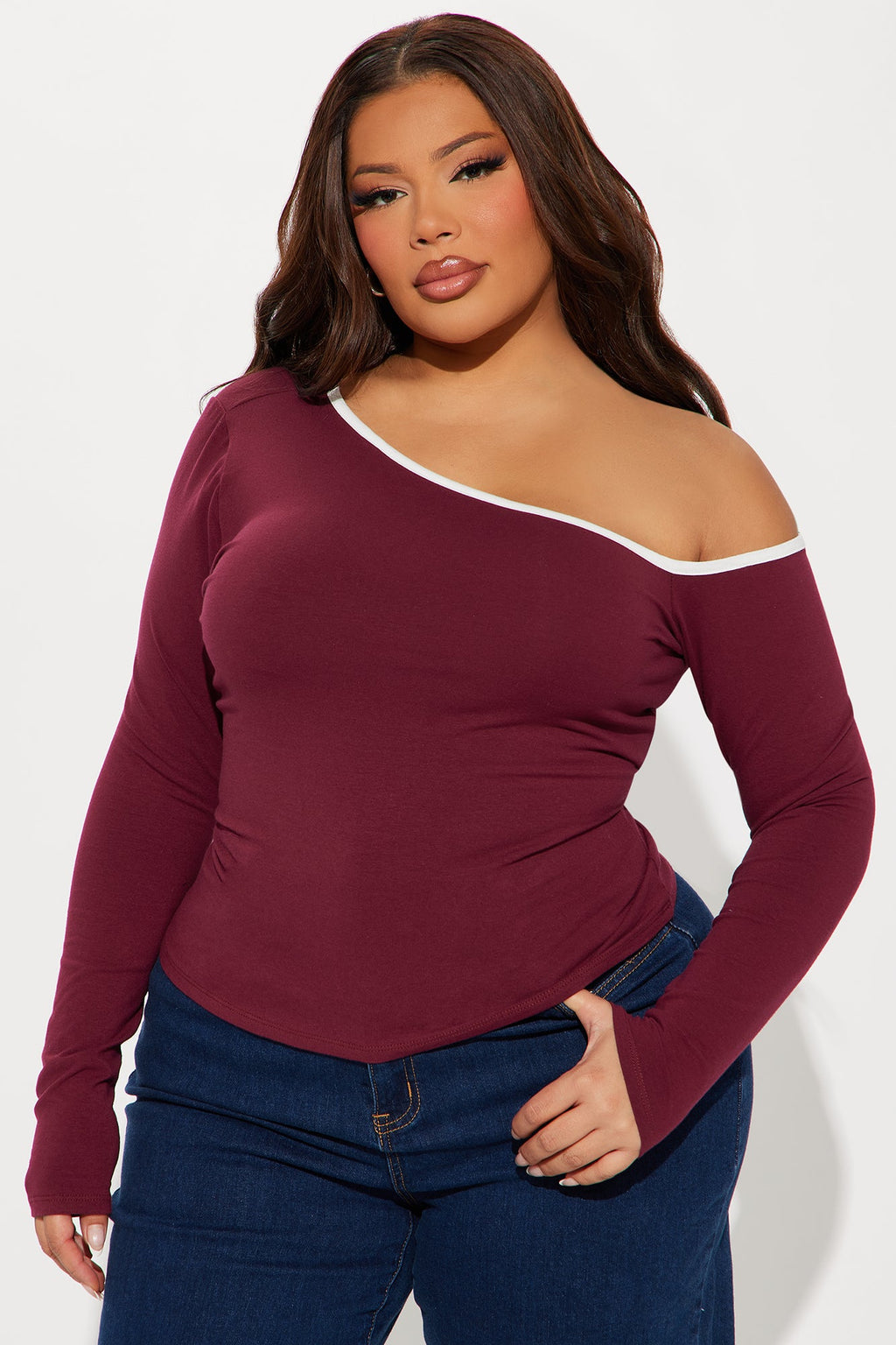 Macie Off Shoulder Long Sleeve Top - Burgundy/combo