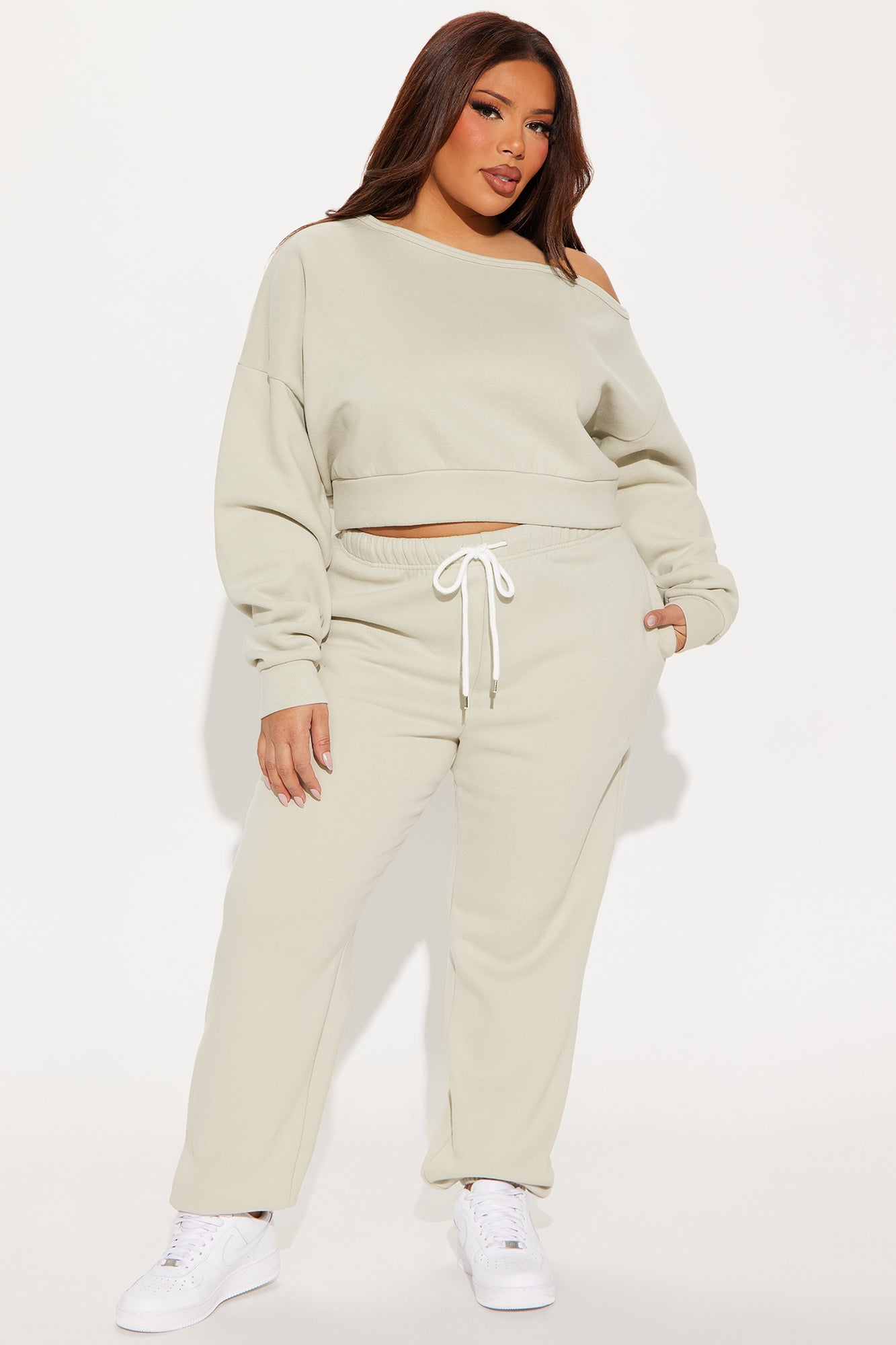 Charlotte Off Shoulder Sweatsuit Set - Stone