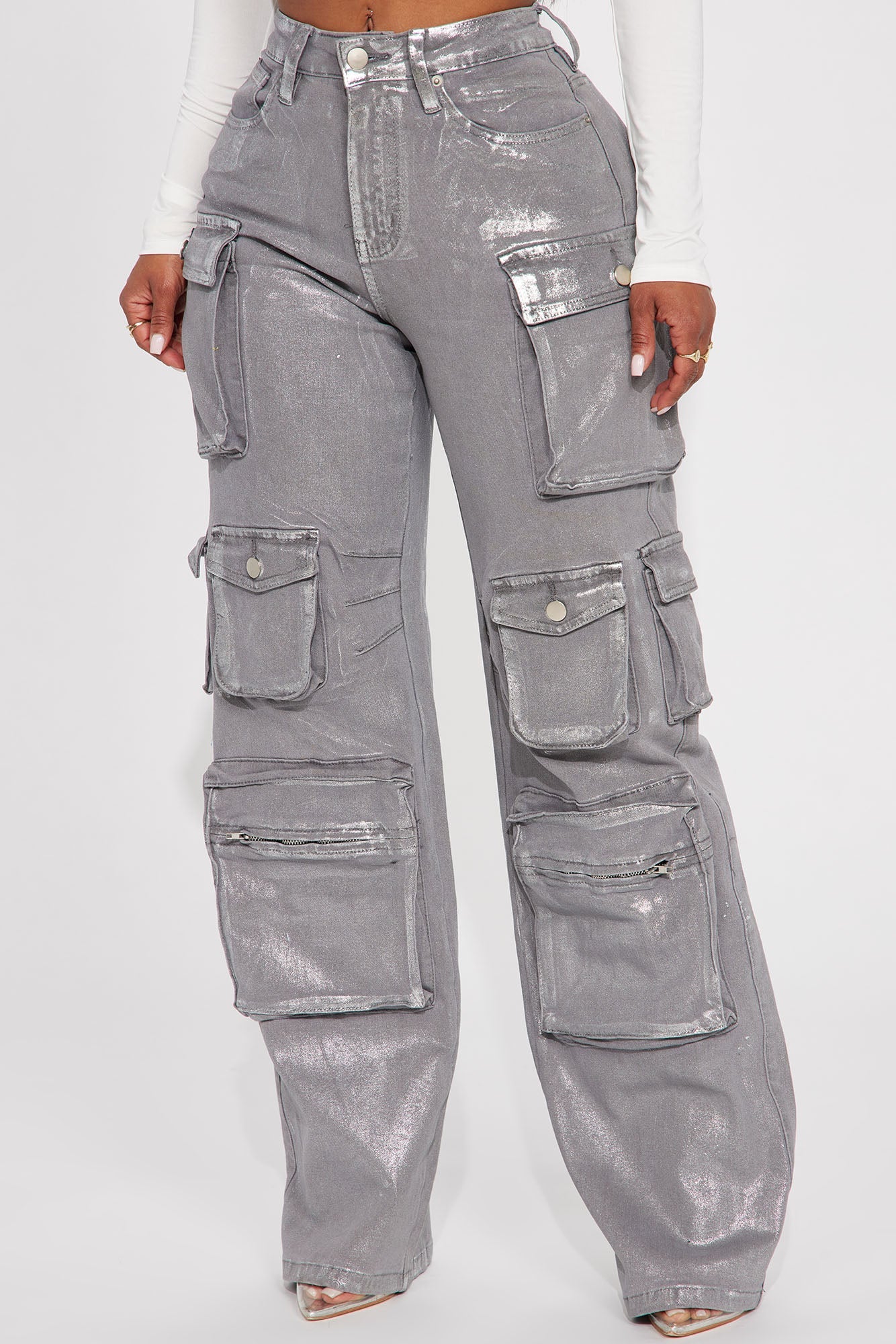 Time To Shine Foil Baggy Cargo Jeans - Silver