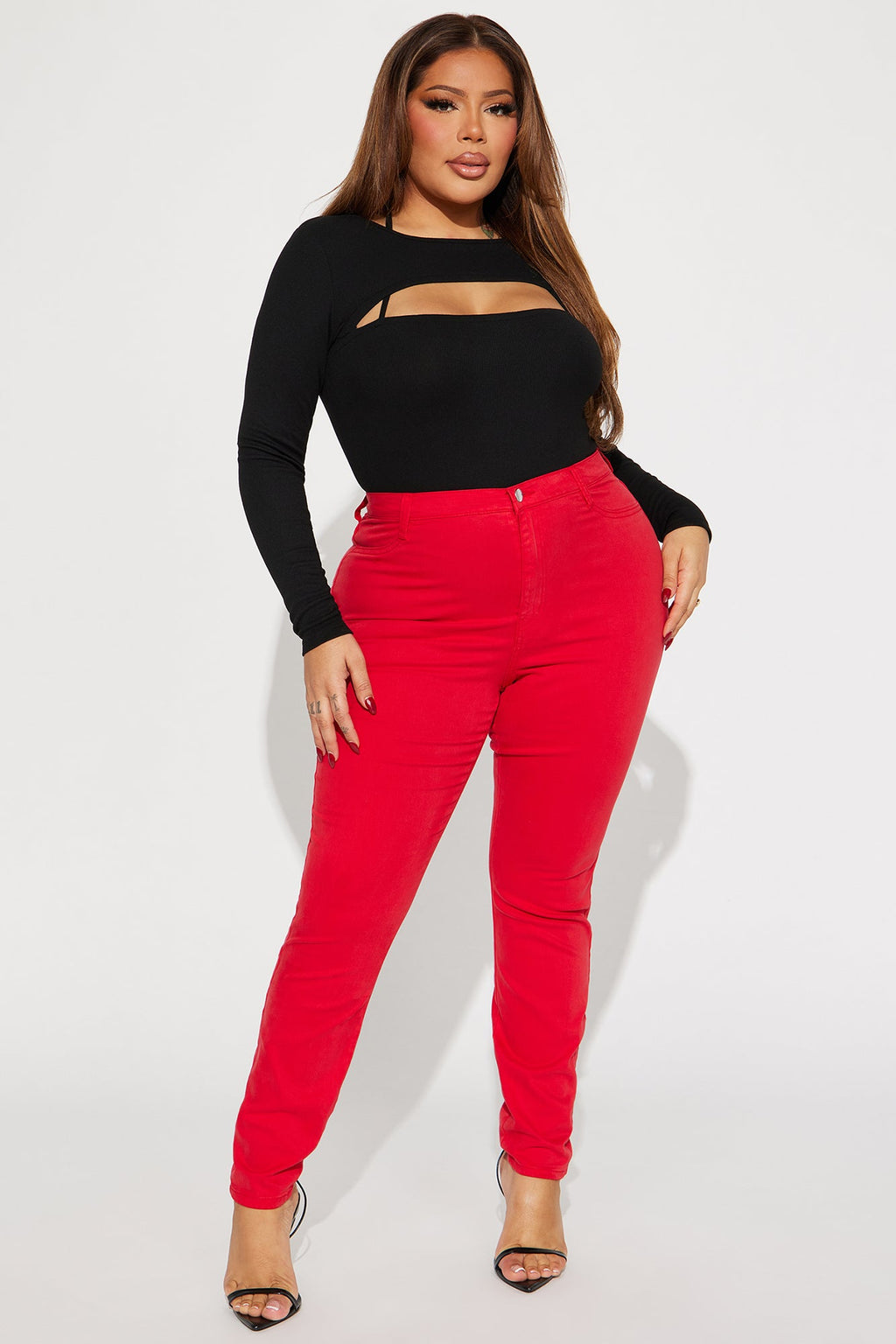 Classic Color High Waist Skinny Jeans - Red
