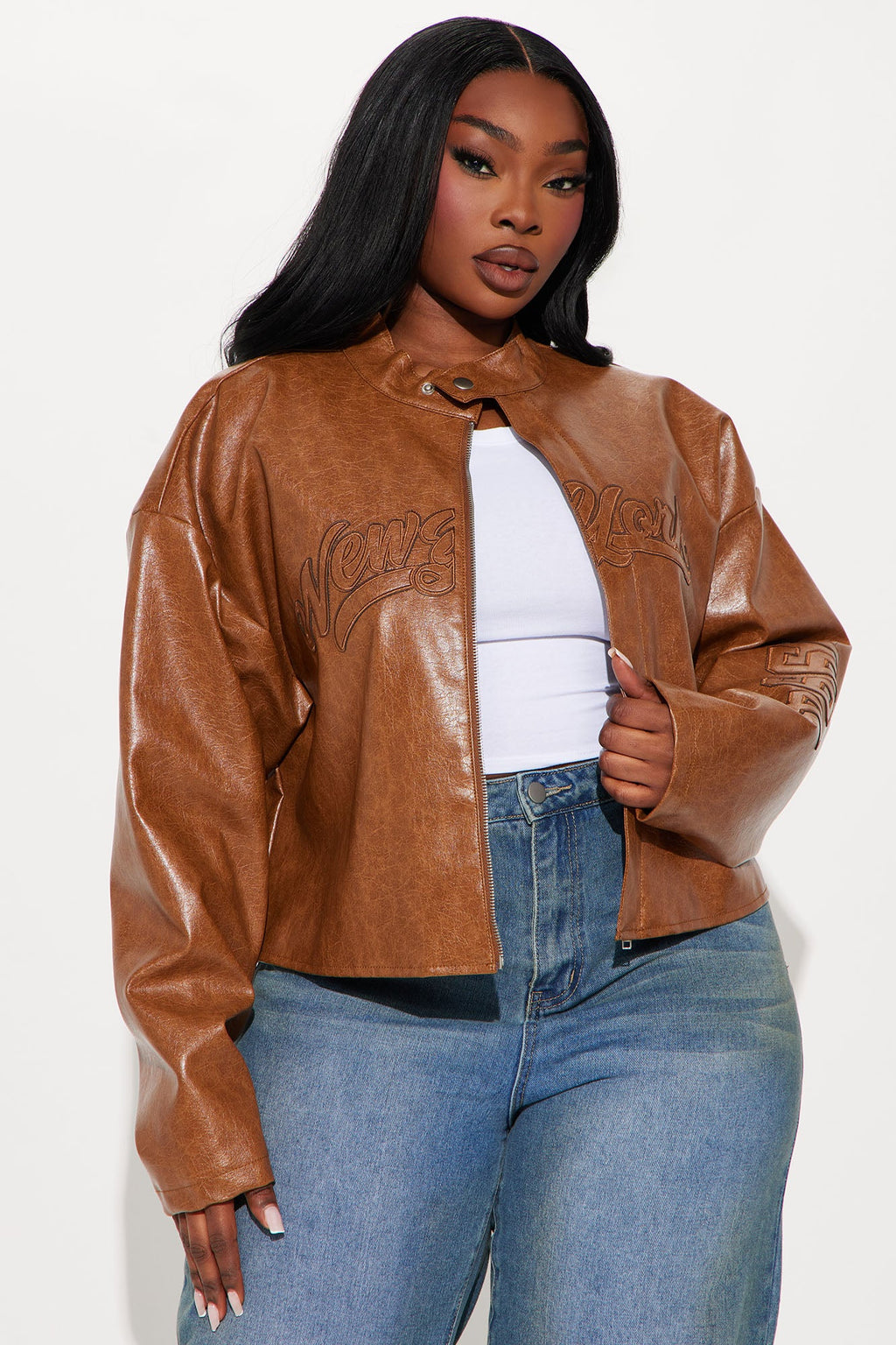 Around The City Faux Leather Jacket - Brown