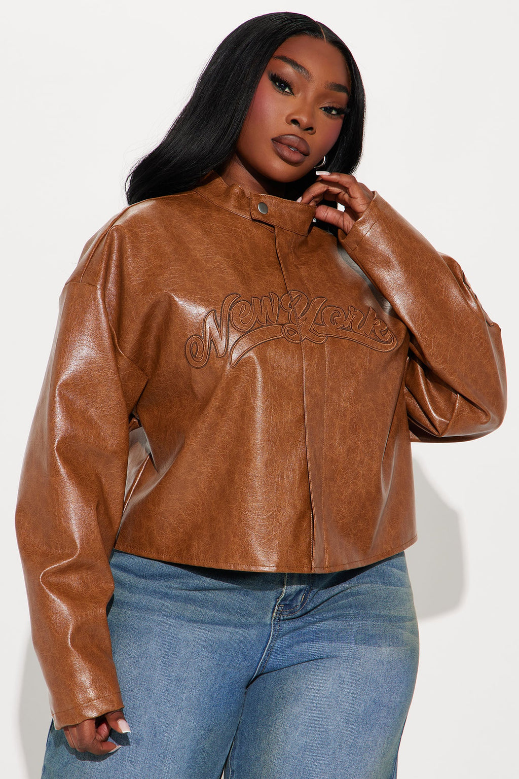 Around The City Faux Leather Jacket - Brown