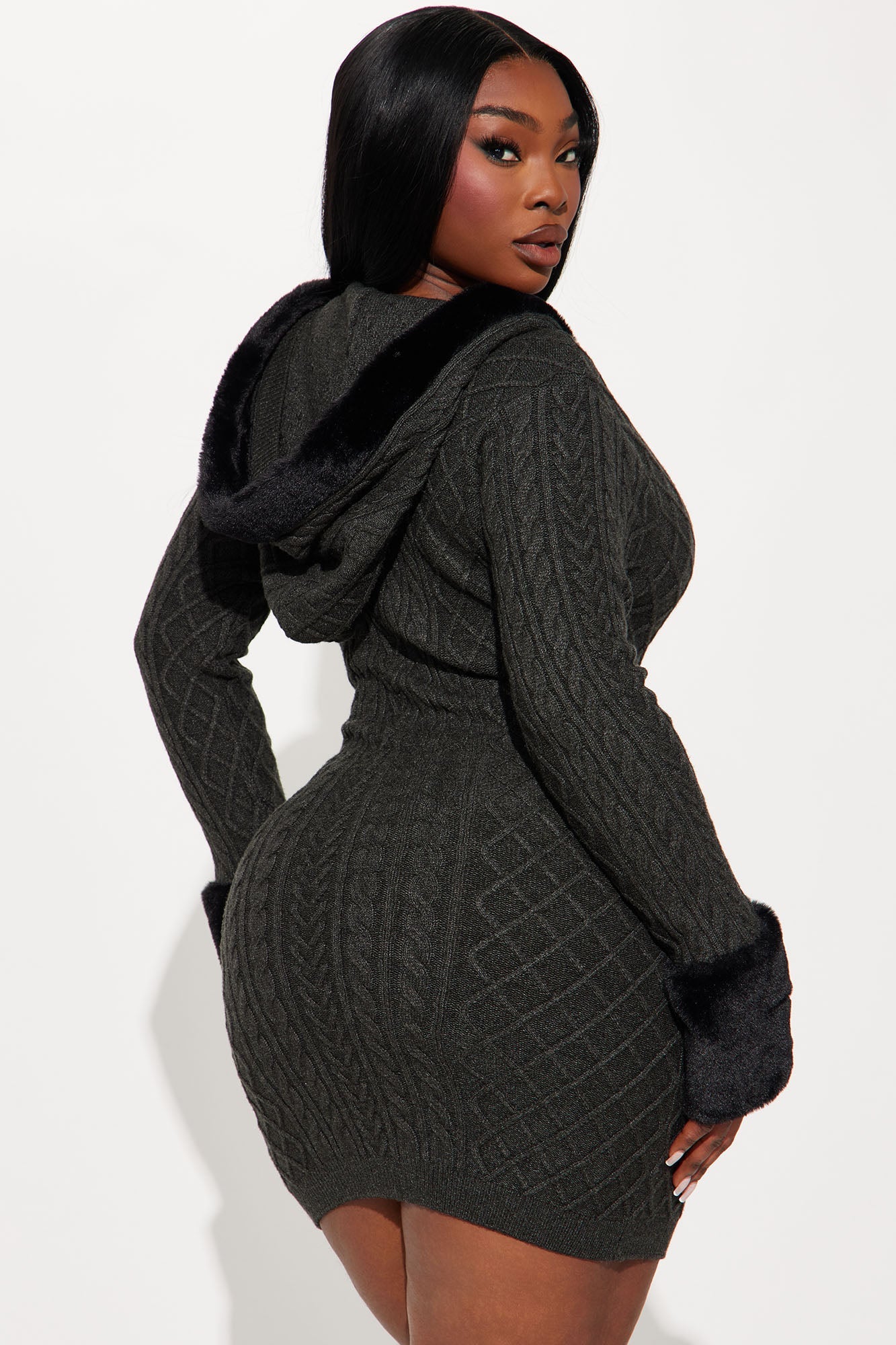 Keep Me Warm Cable Knit Mini Dress - Charcoal