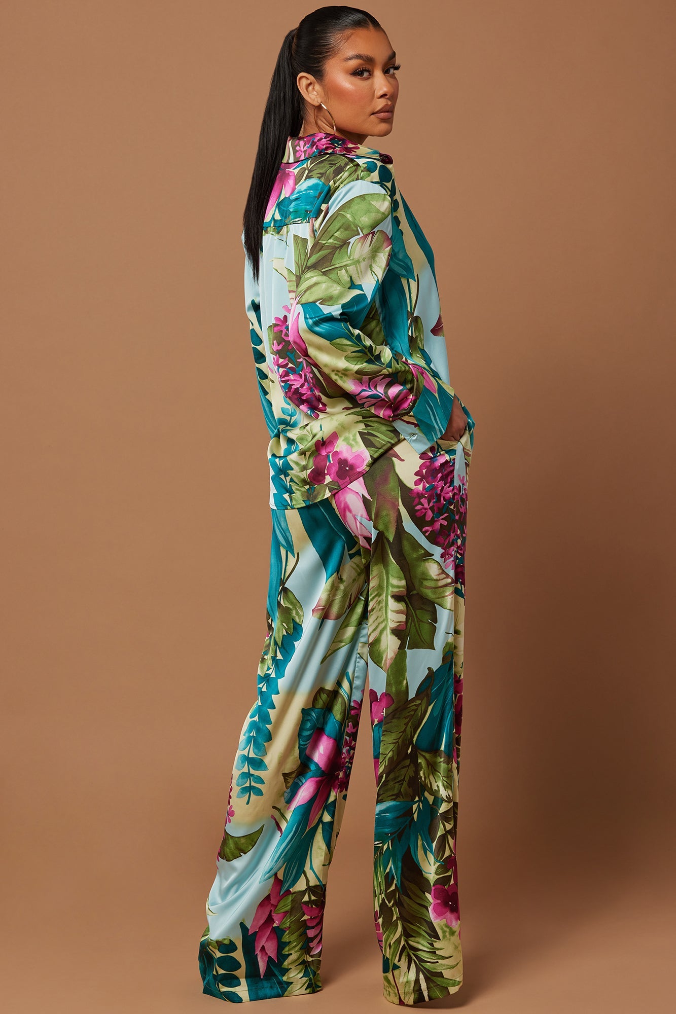 Kyoto Satin Pant Set - Green/combo