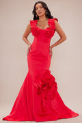 Sofia Floral Applique Satin Gown - Red