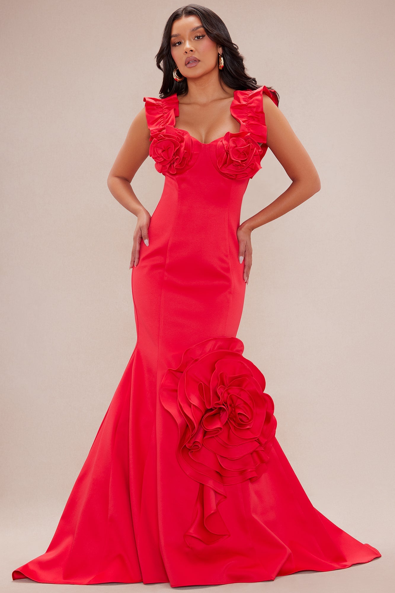 Sofia Floral Applique Satin Gown - Red