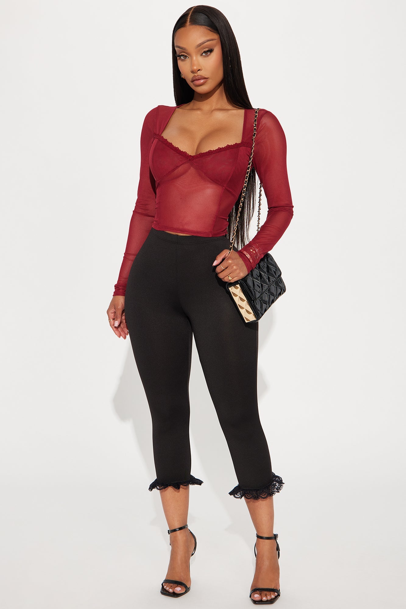 Heather Mesh Long Sleeve Top - Burgundy