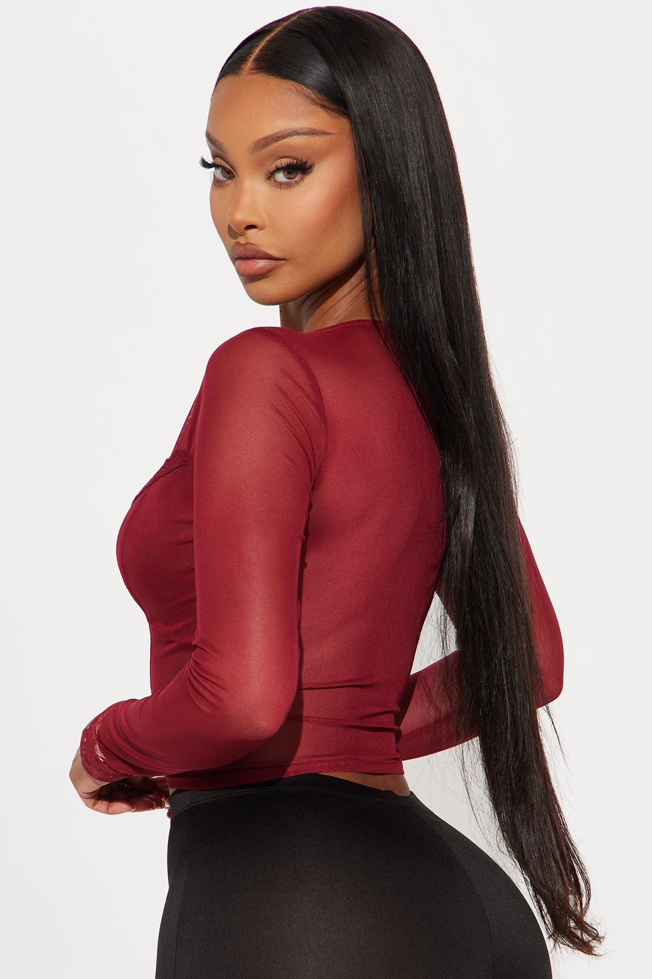 Heather Mesh Long Sleeve Top - Burgundy