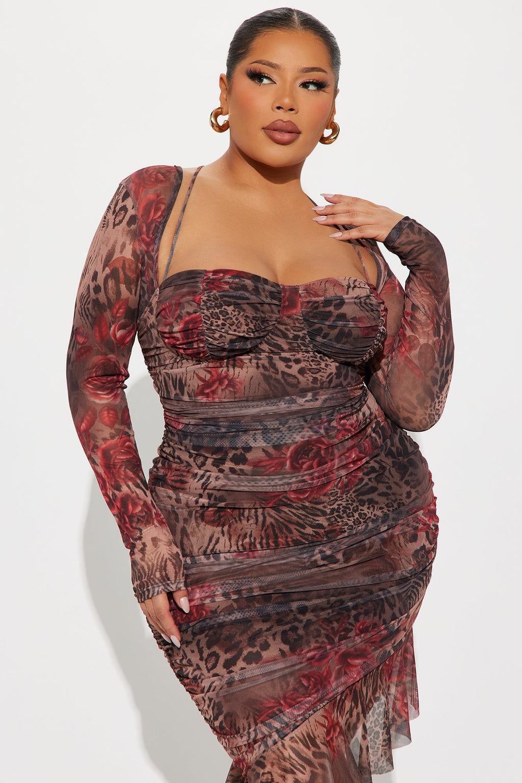 Play The Game Leopard Mesh Midi Dress - Brown/combo