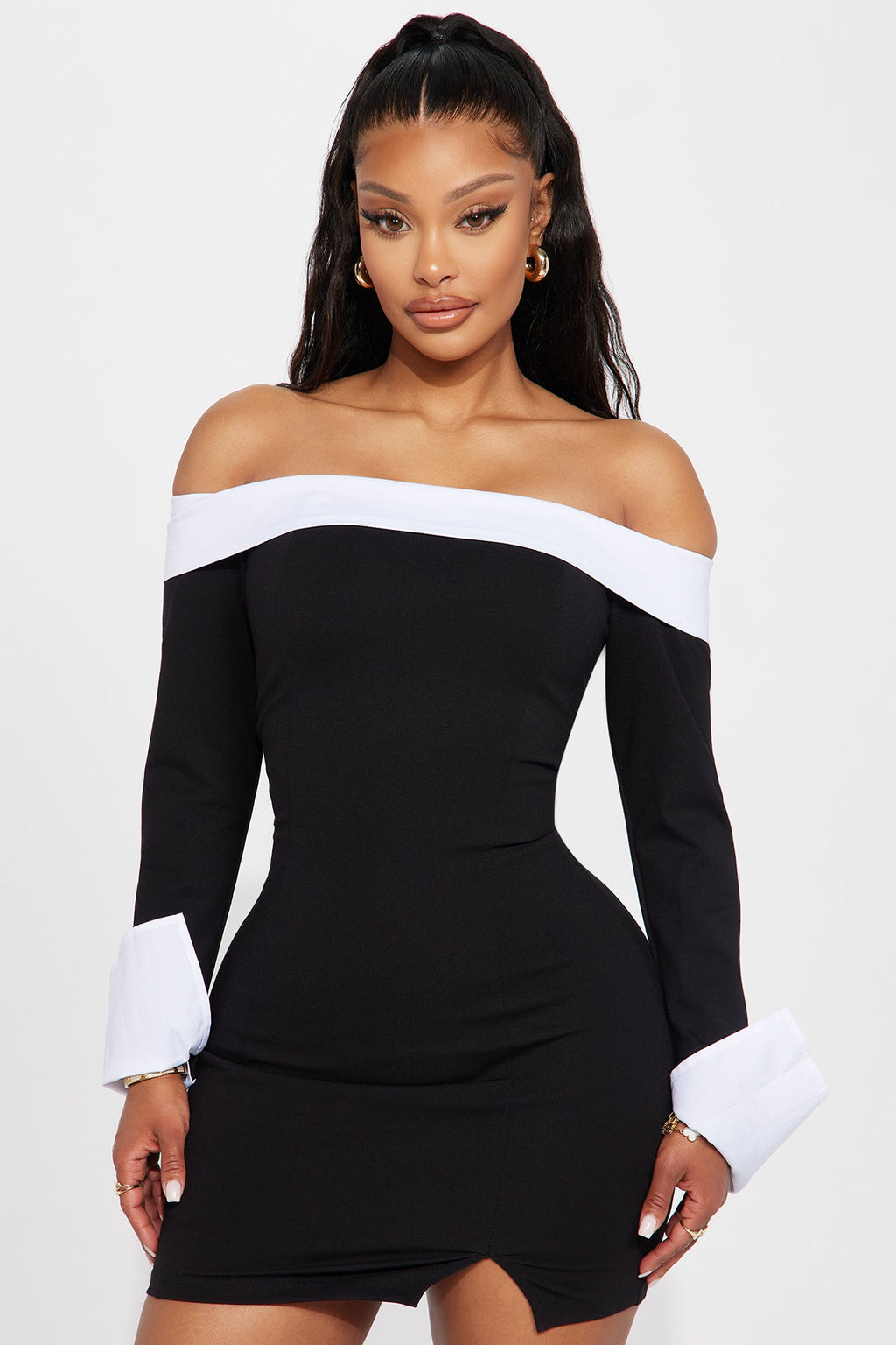 Alice Off Shoulder Mini Dress - Black/White
