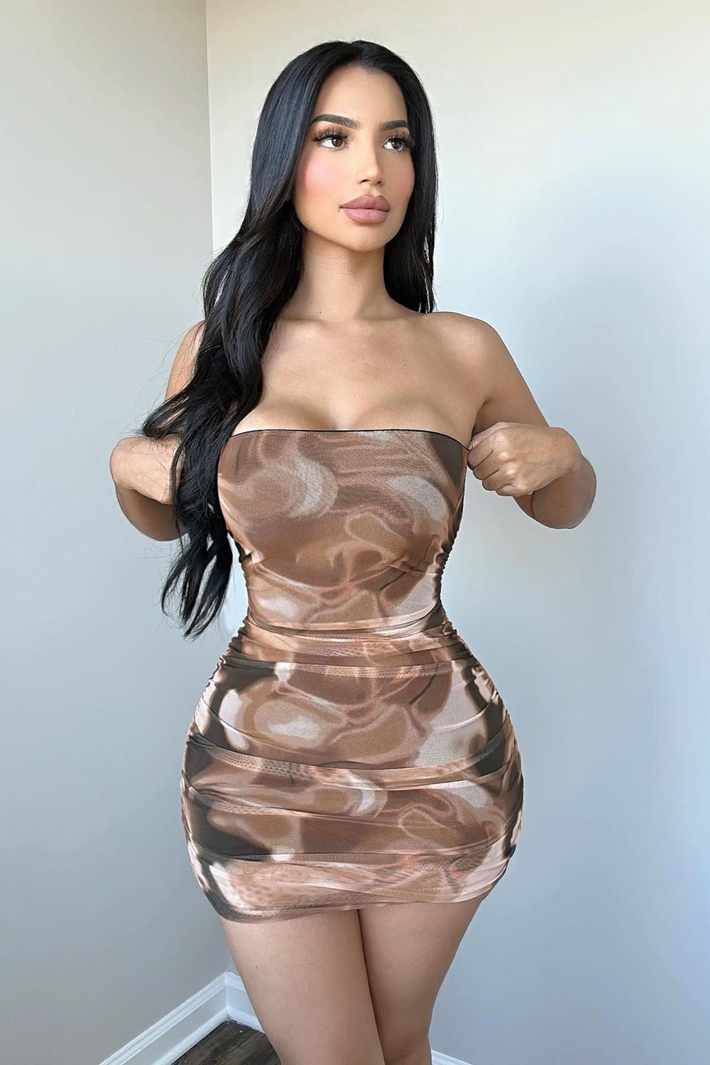 Kacy Mesh Mini Dress - Brown/combo