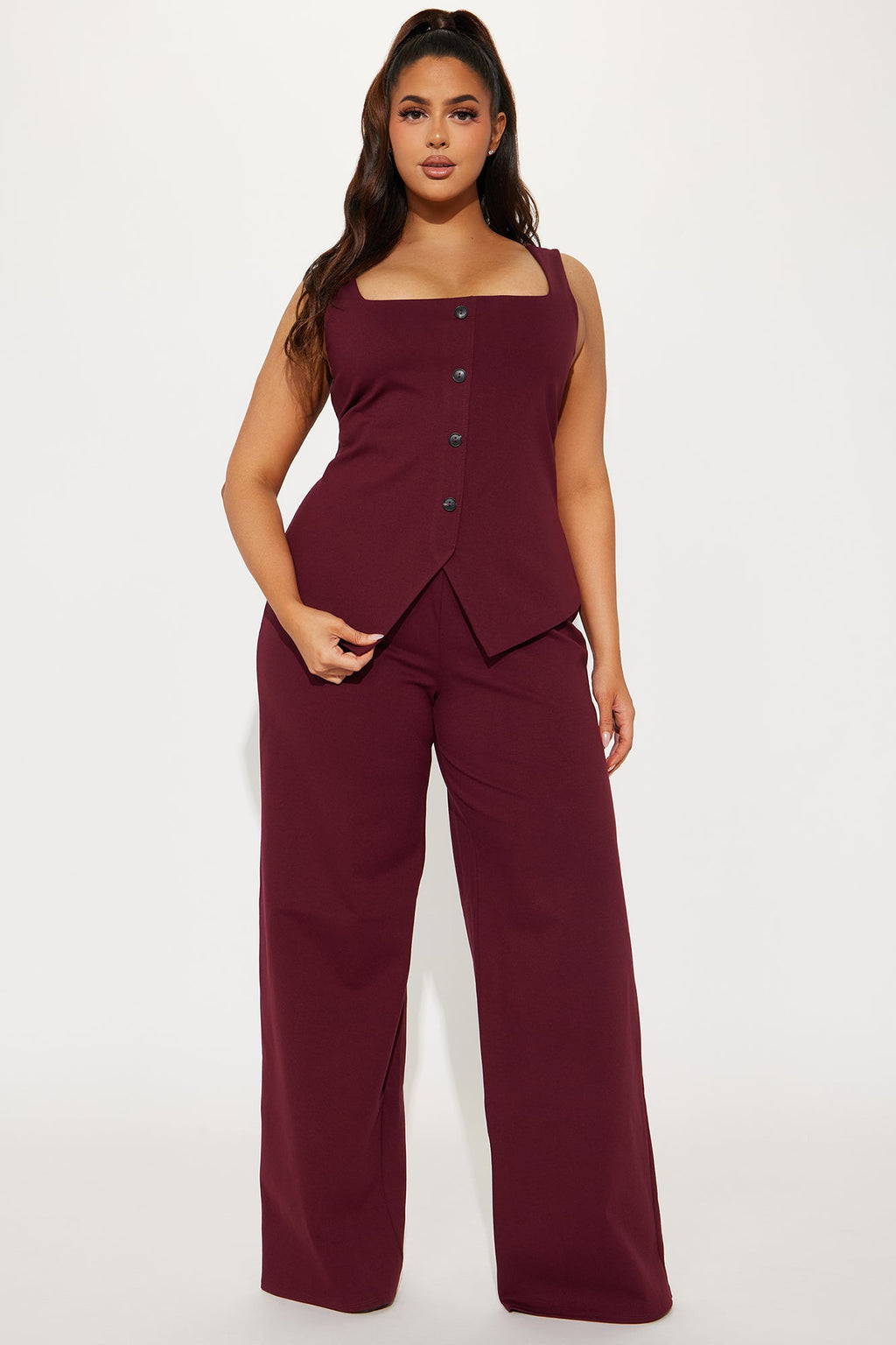 Lexi Square Neck Vest Pant Set - Wine