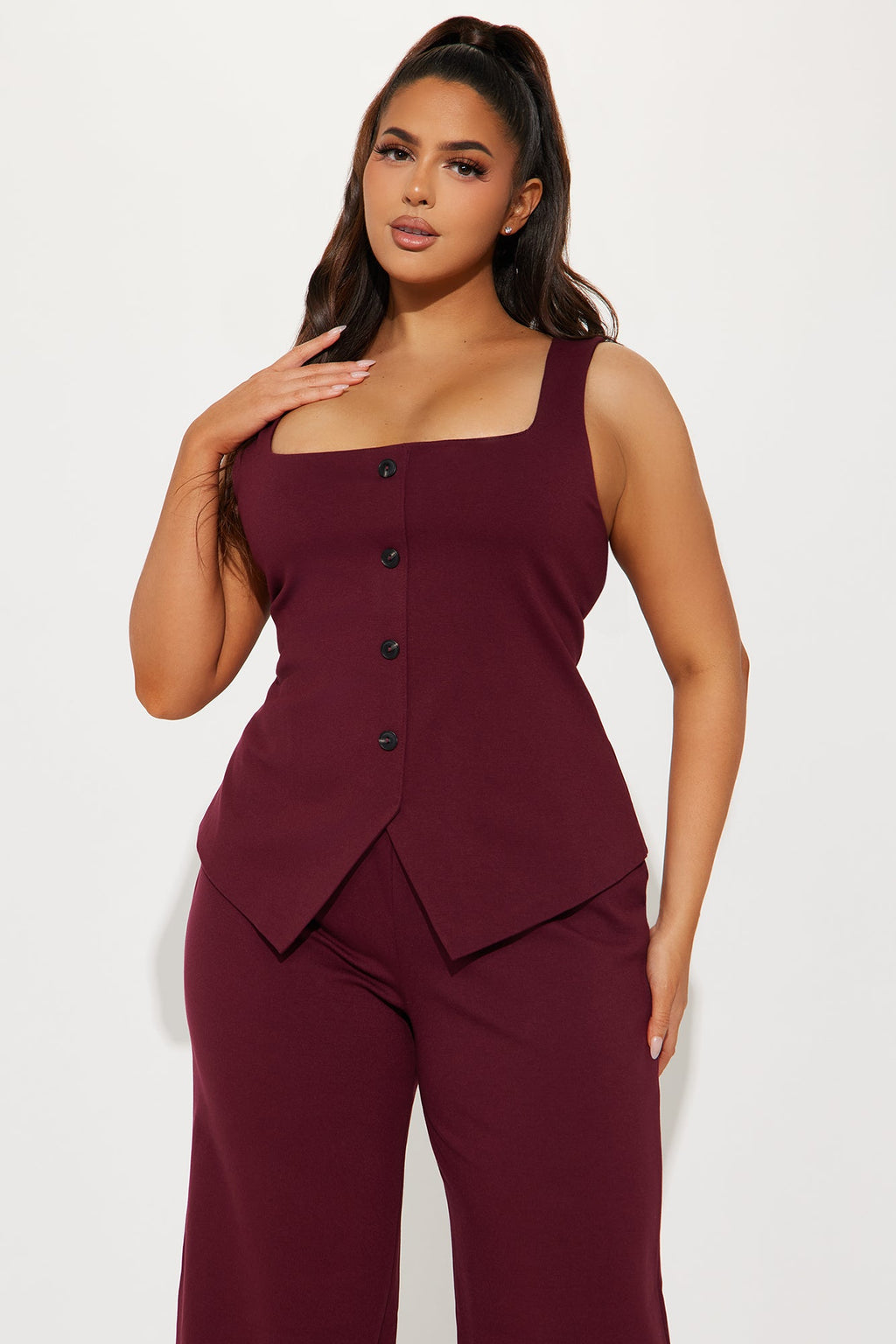 Lexi Square Neck Vest Pant Set - Wine