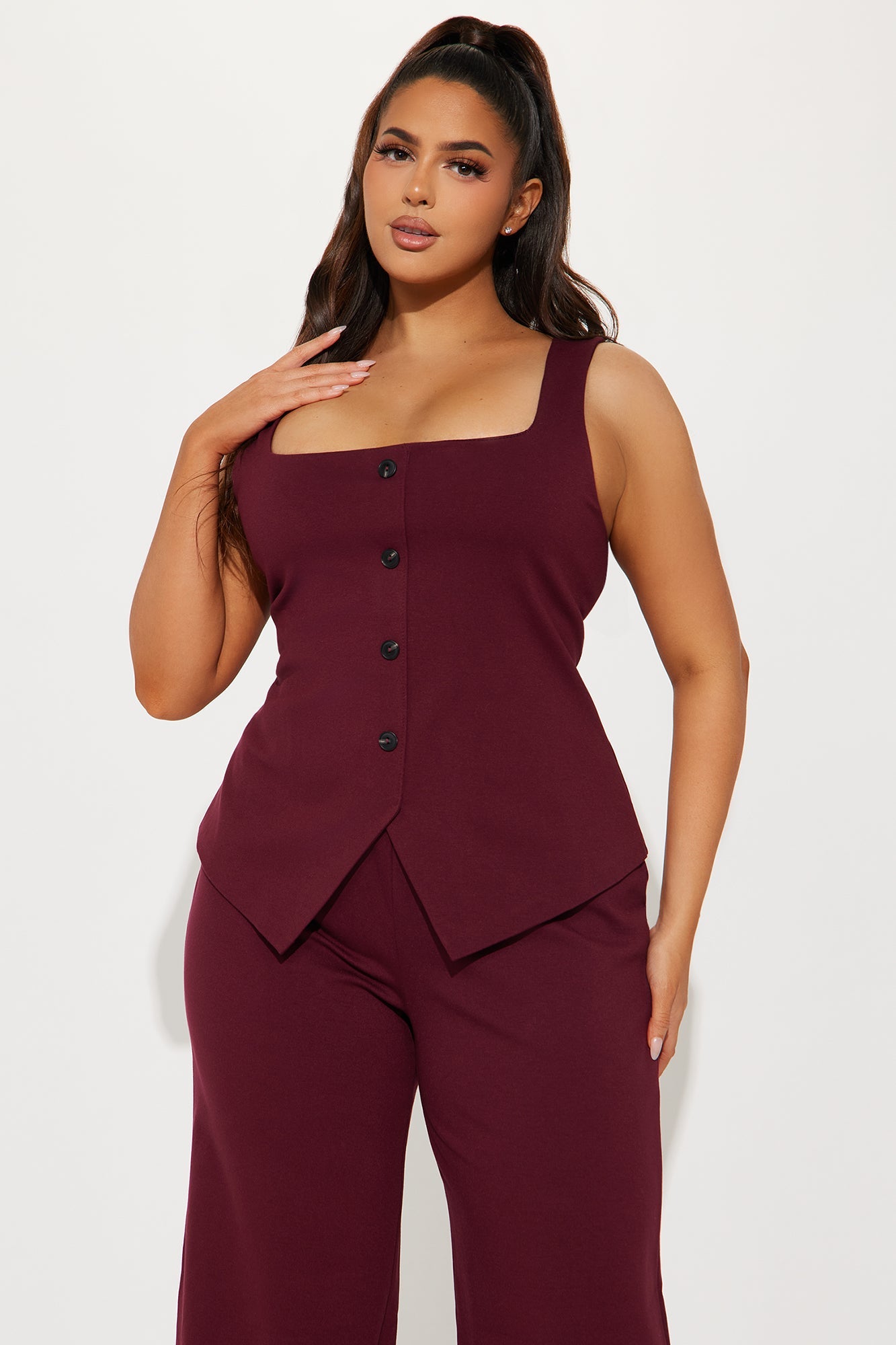 Lexi Square Neck Vest Pant Set - Wine