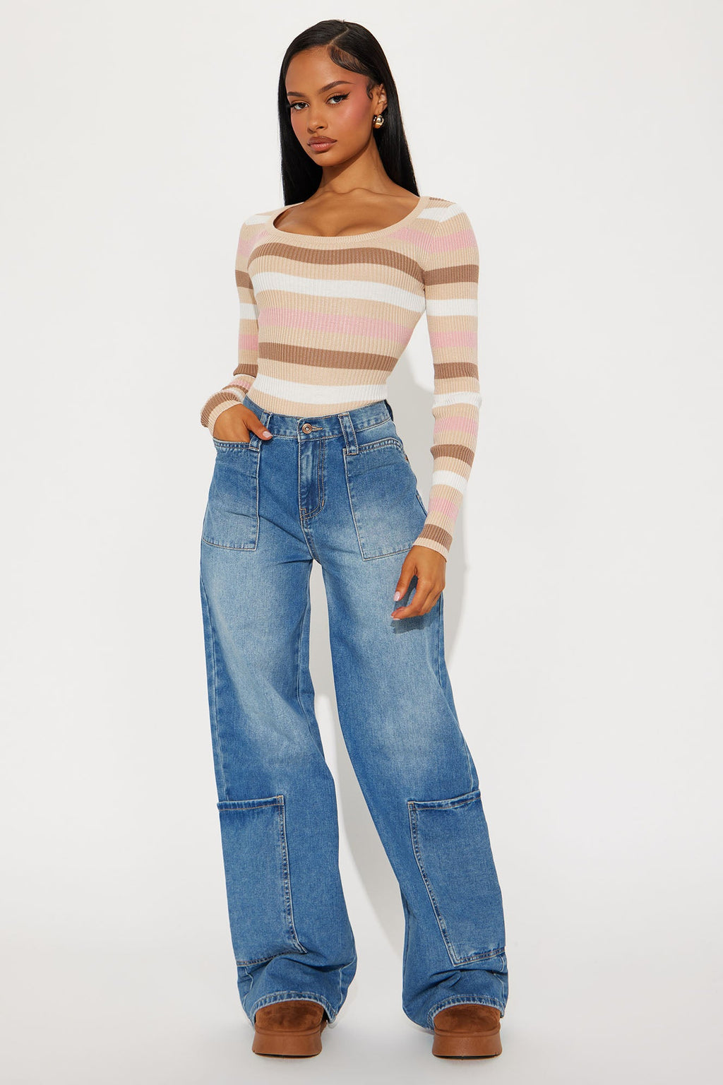 Press Rewind Cargo Pocket Straight Leg Jeans - Medium Wash