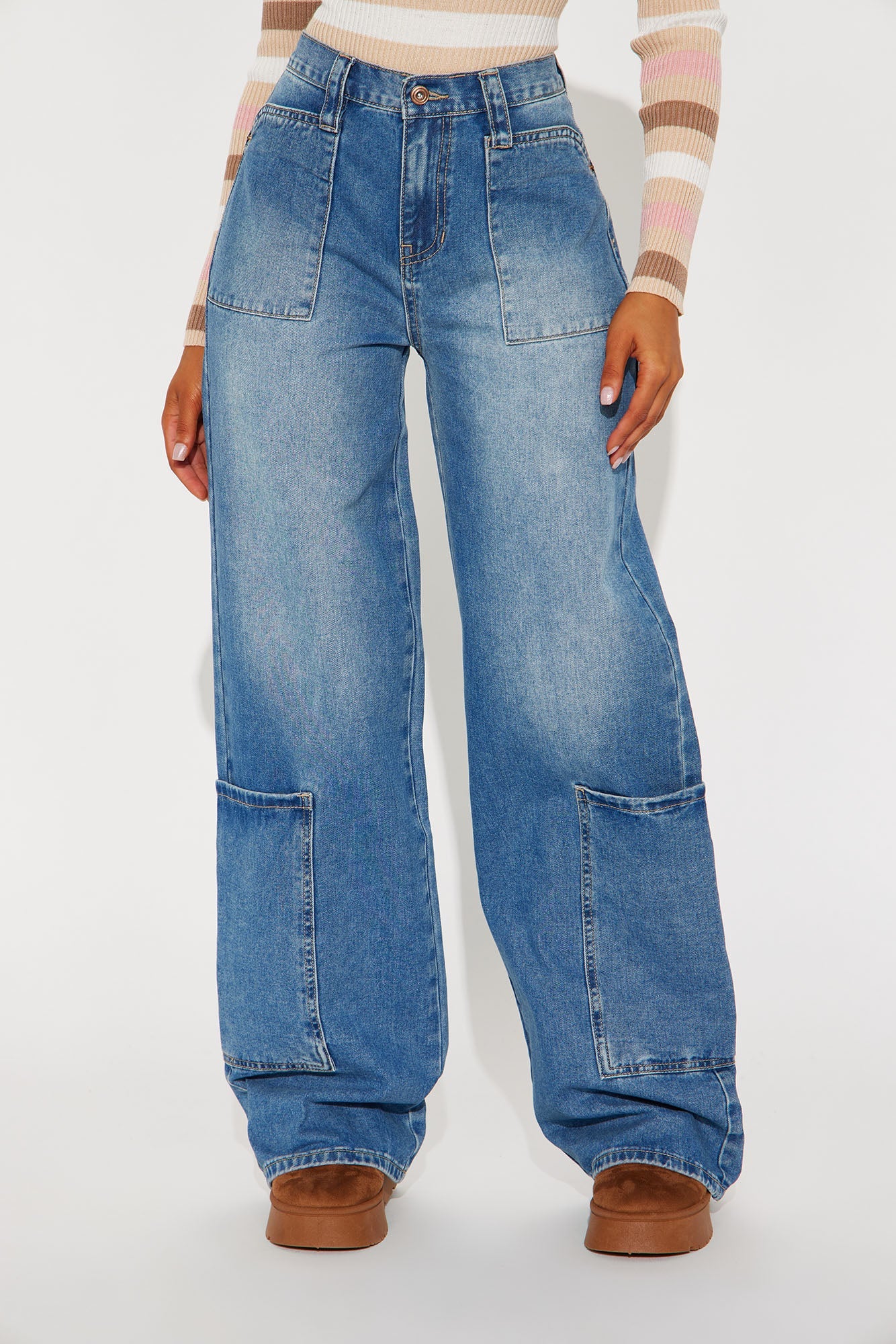 Press Rewind Cargo Pocket Straight Leg Jeans - Medium Wash