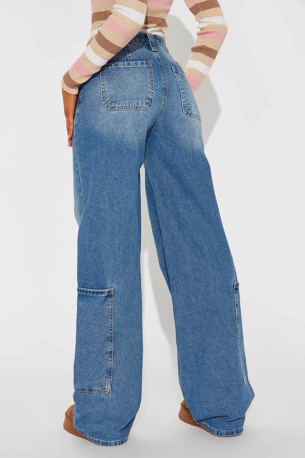 Press Rewind Cargo Pocket Straight Leg Jeans - Medium Wash