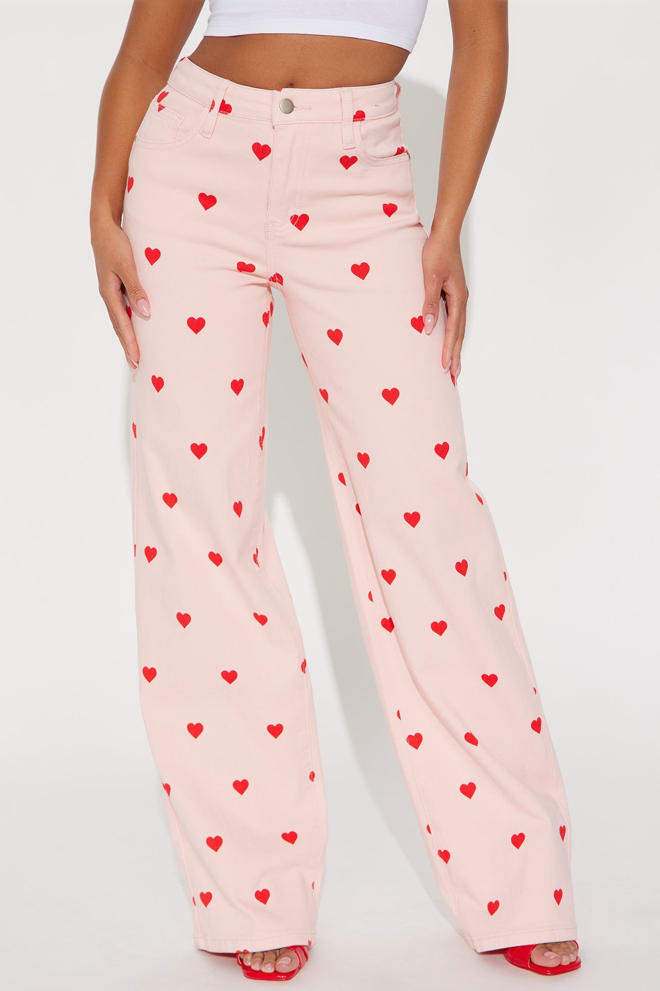 Feeling The Love Heart Print Stretch Baggy Jeans - Pink