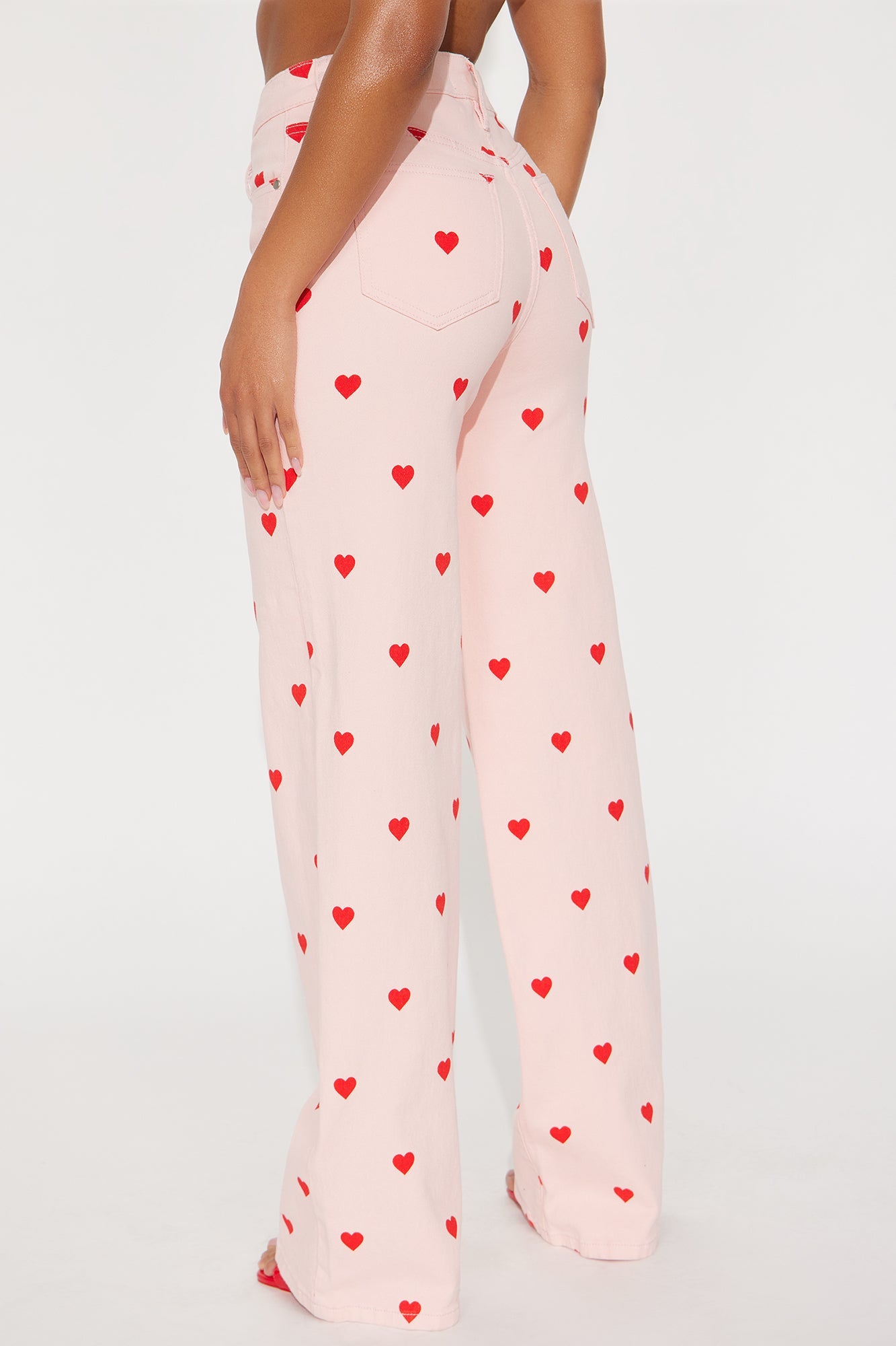 Feeling The Love Heart Print Stretch Baggy Jeans - Pink
