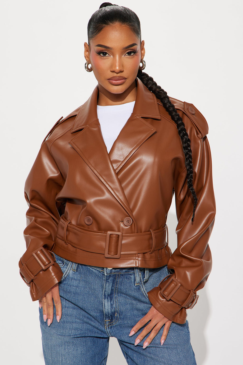 Kourtney Cropped Faux Leather Trench - Cognac