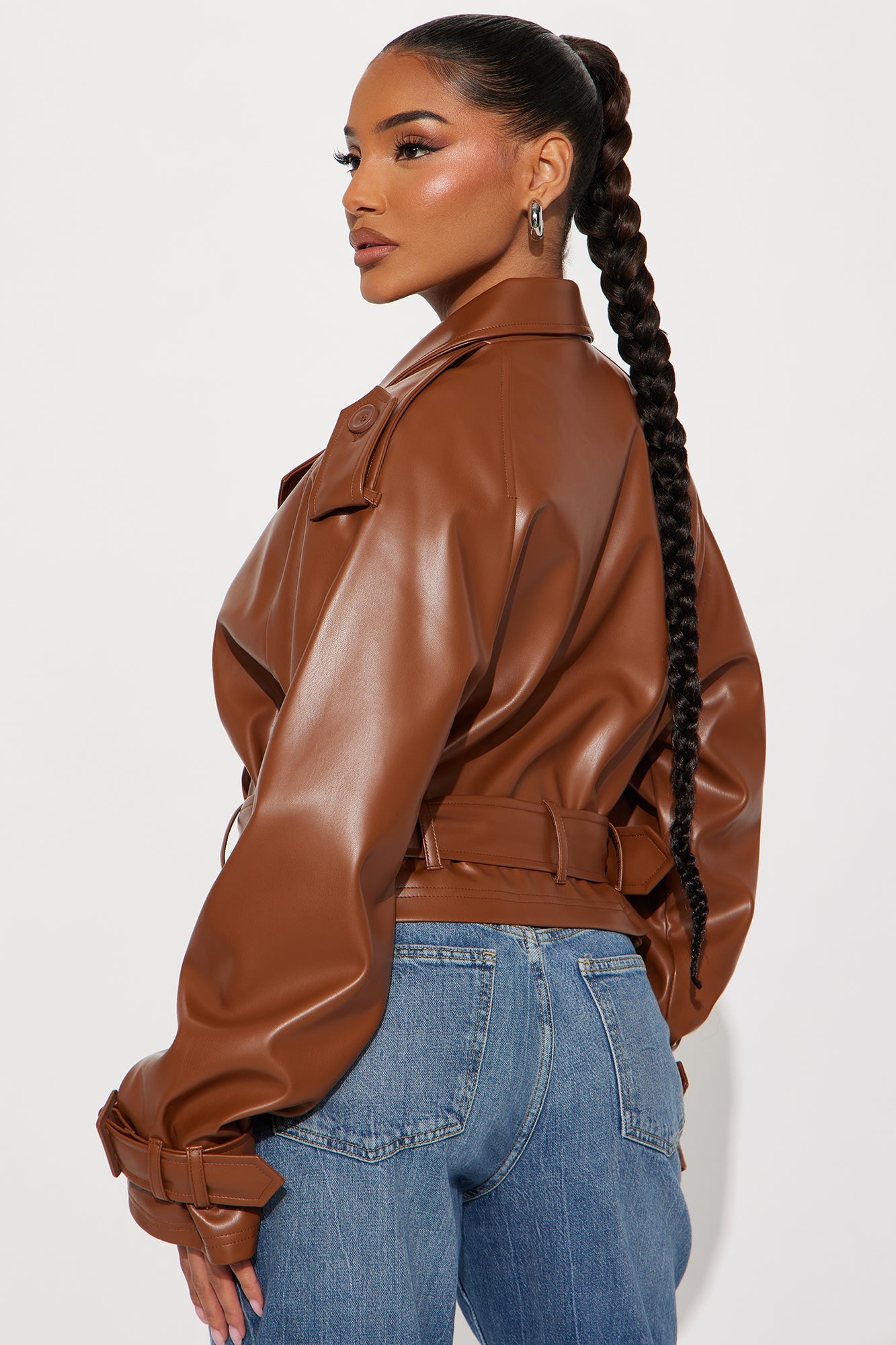 Kourtney Cropped Faux Leather Trench - Cognac