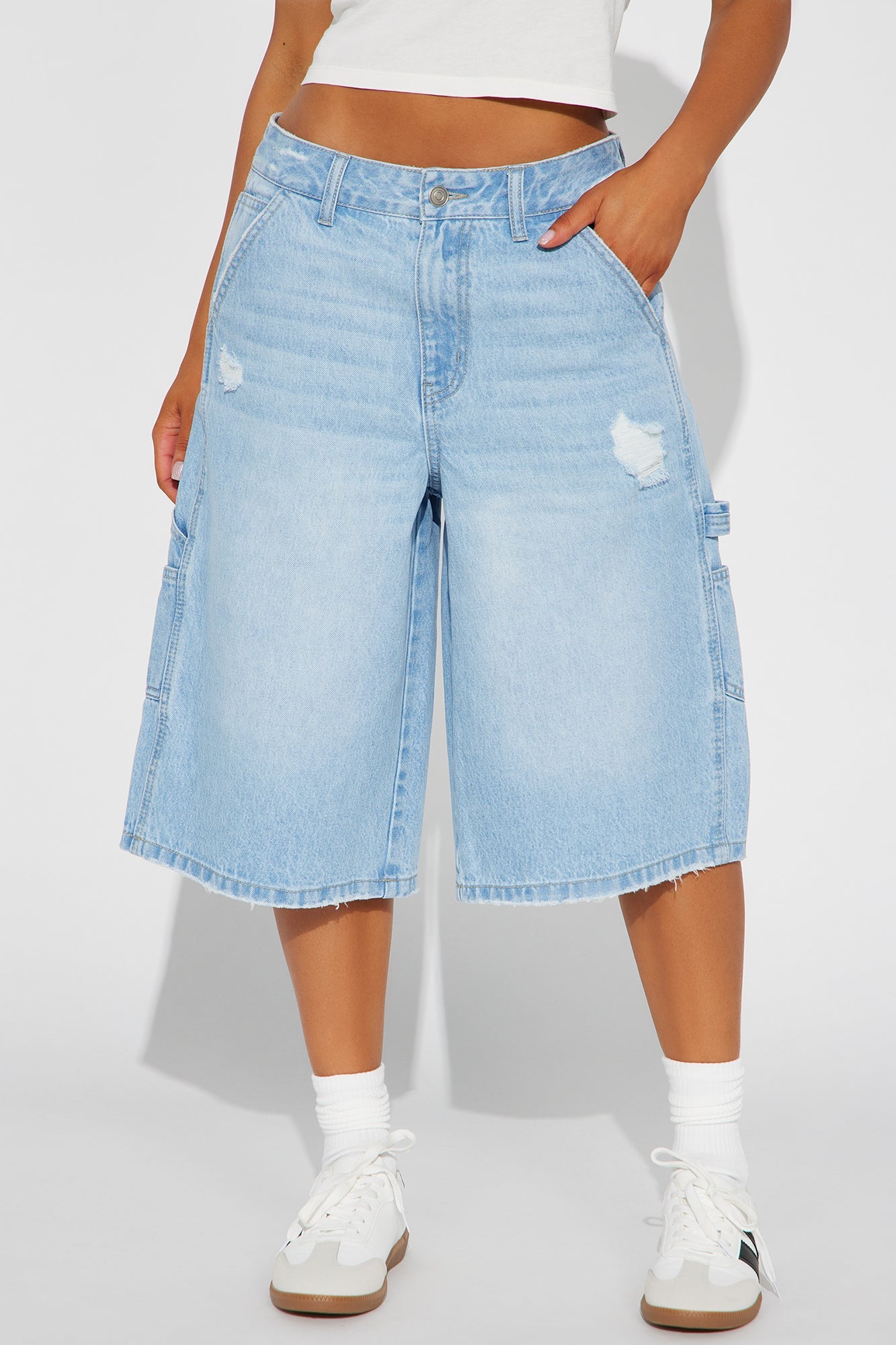 Talking About Me Ripped Carpenter Denim Jorts - Light Wash