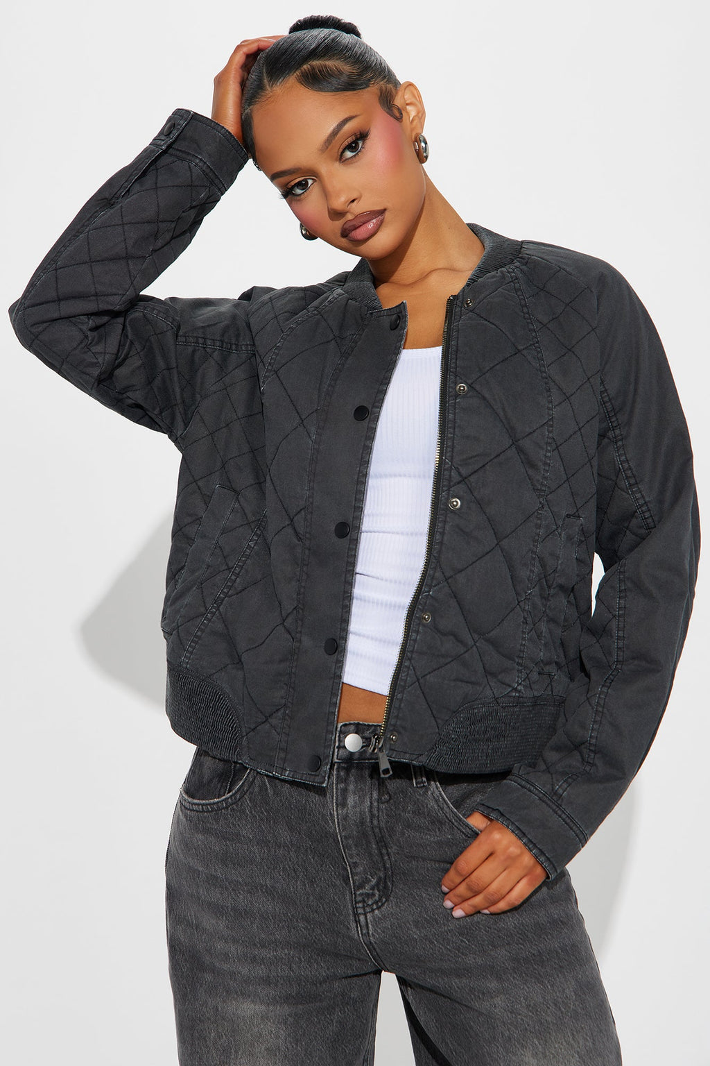Mara Quilted Washed Bomber Jacket - Black