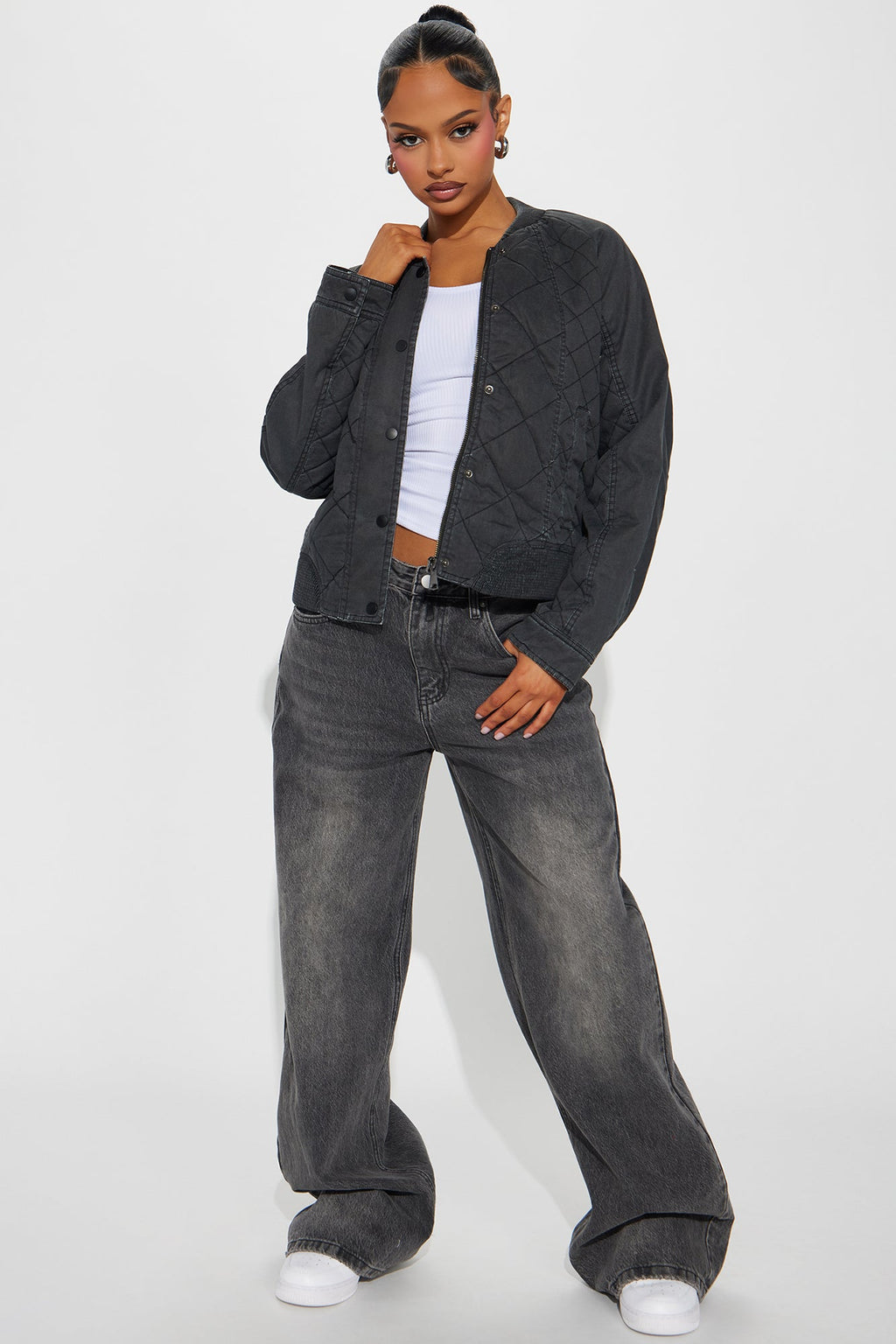 Mara Quilted Washed Bomber Jacket - Black