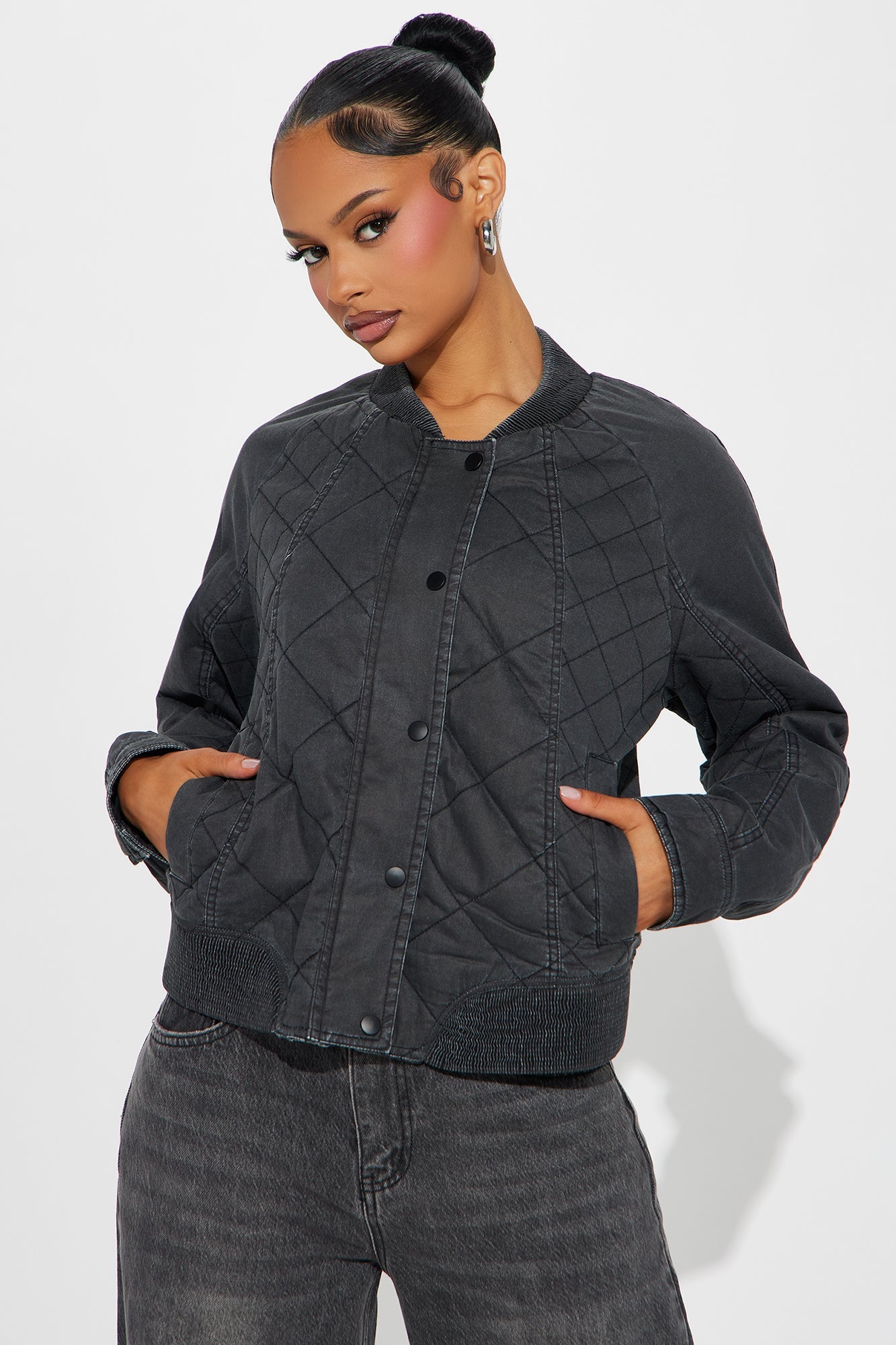 Mara Quilted Washed Bomber Jacket - Black