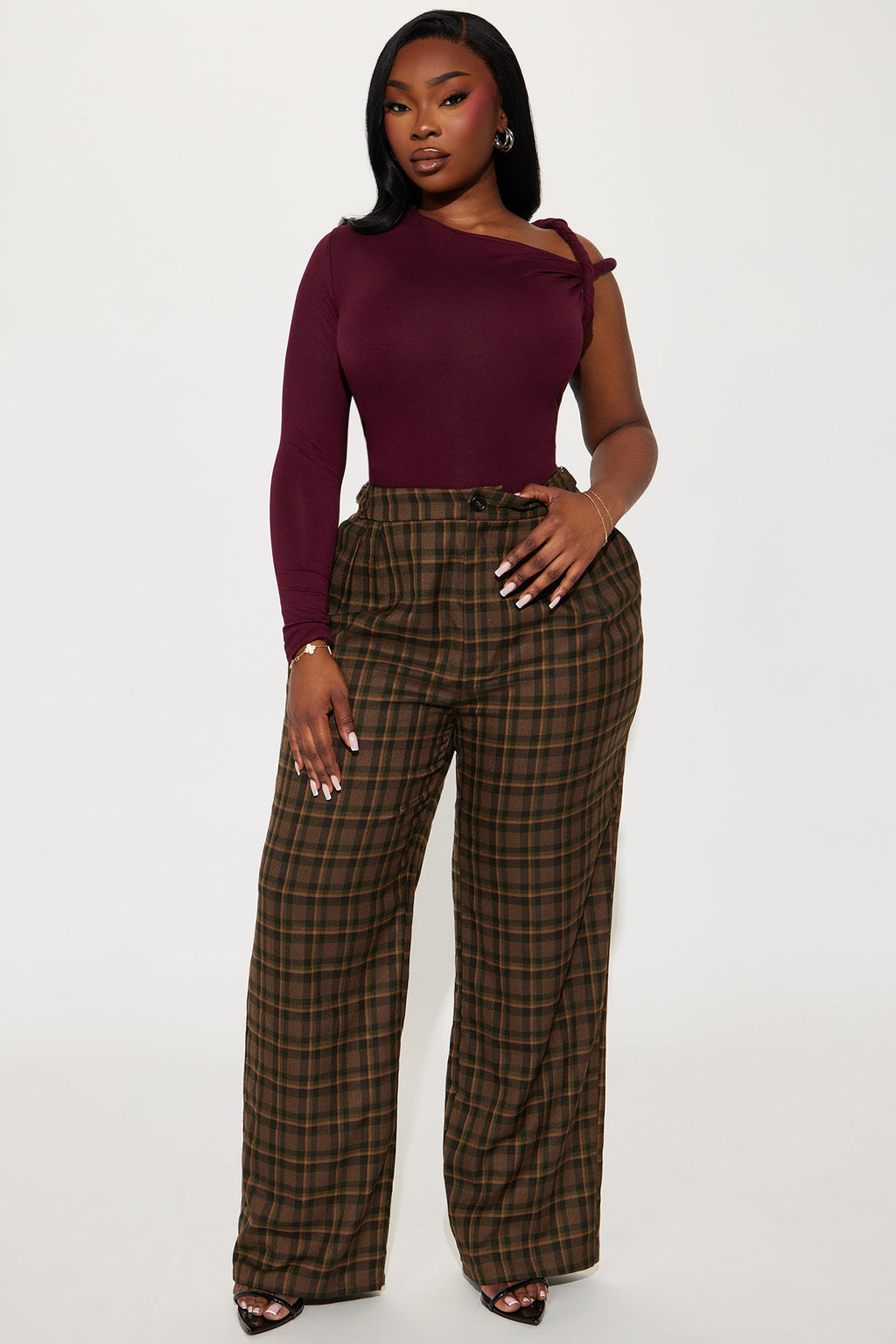 Kendra One Shoulder Long Sleeve Top - Burgundy