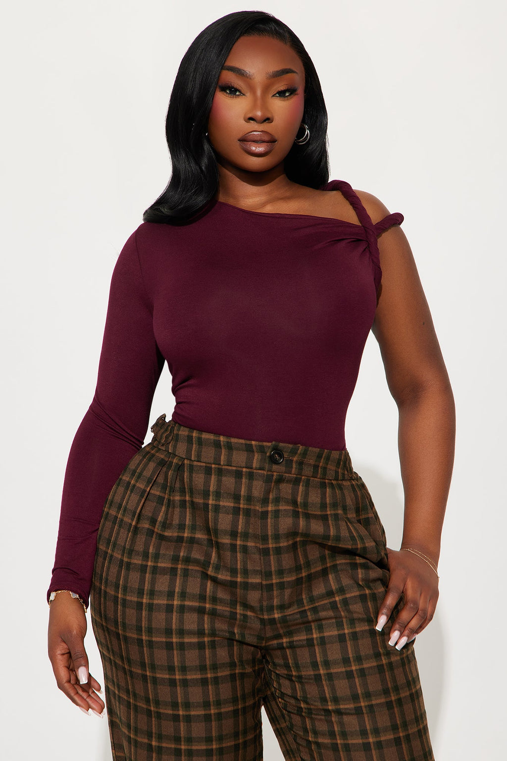 Kendra One Shoulder Long Sleeve Top - Burgundy