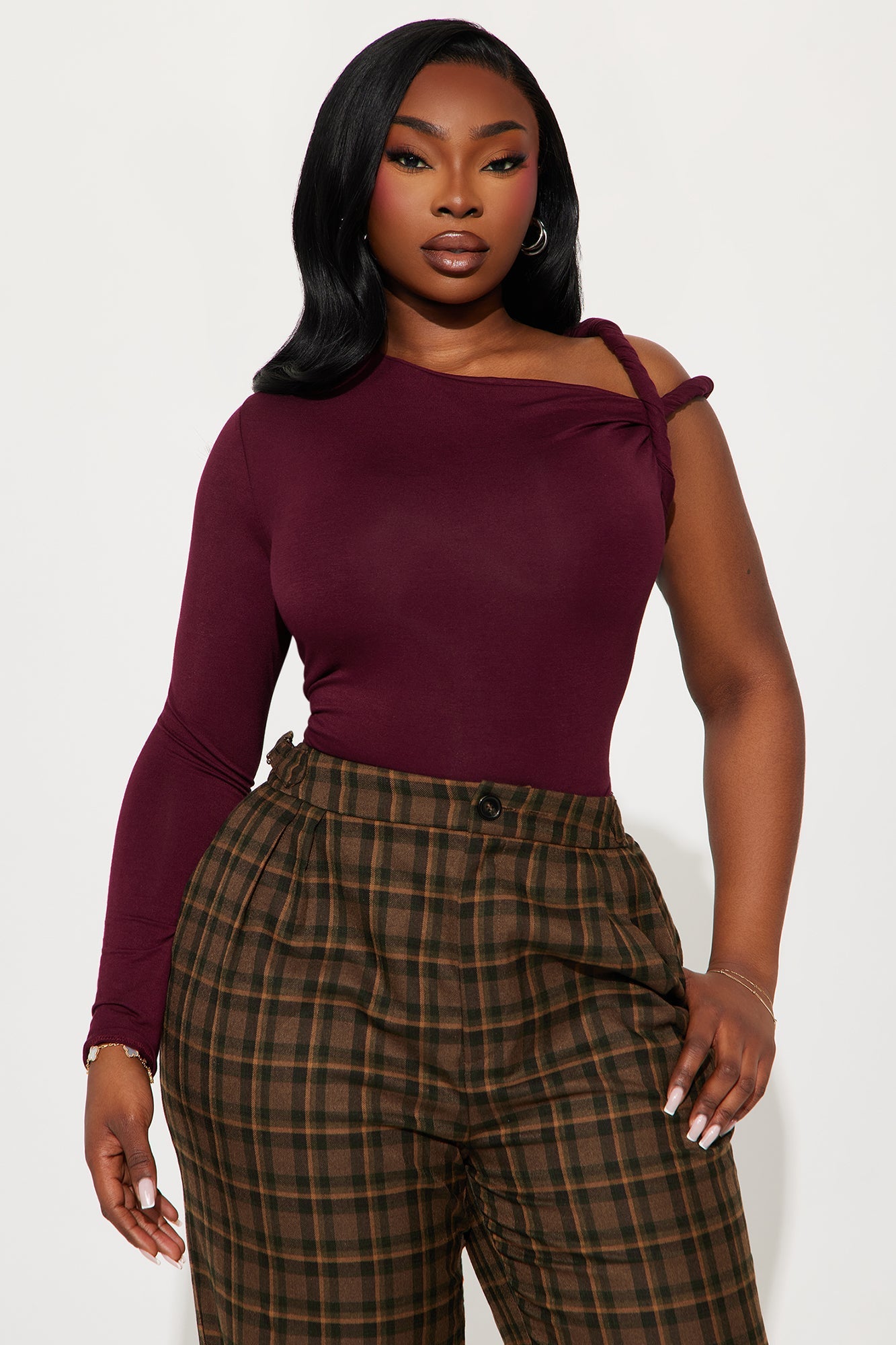 Kendra One Shoulder Long Sleeve Top - Burgundy