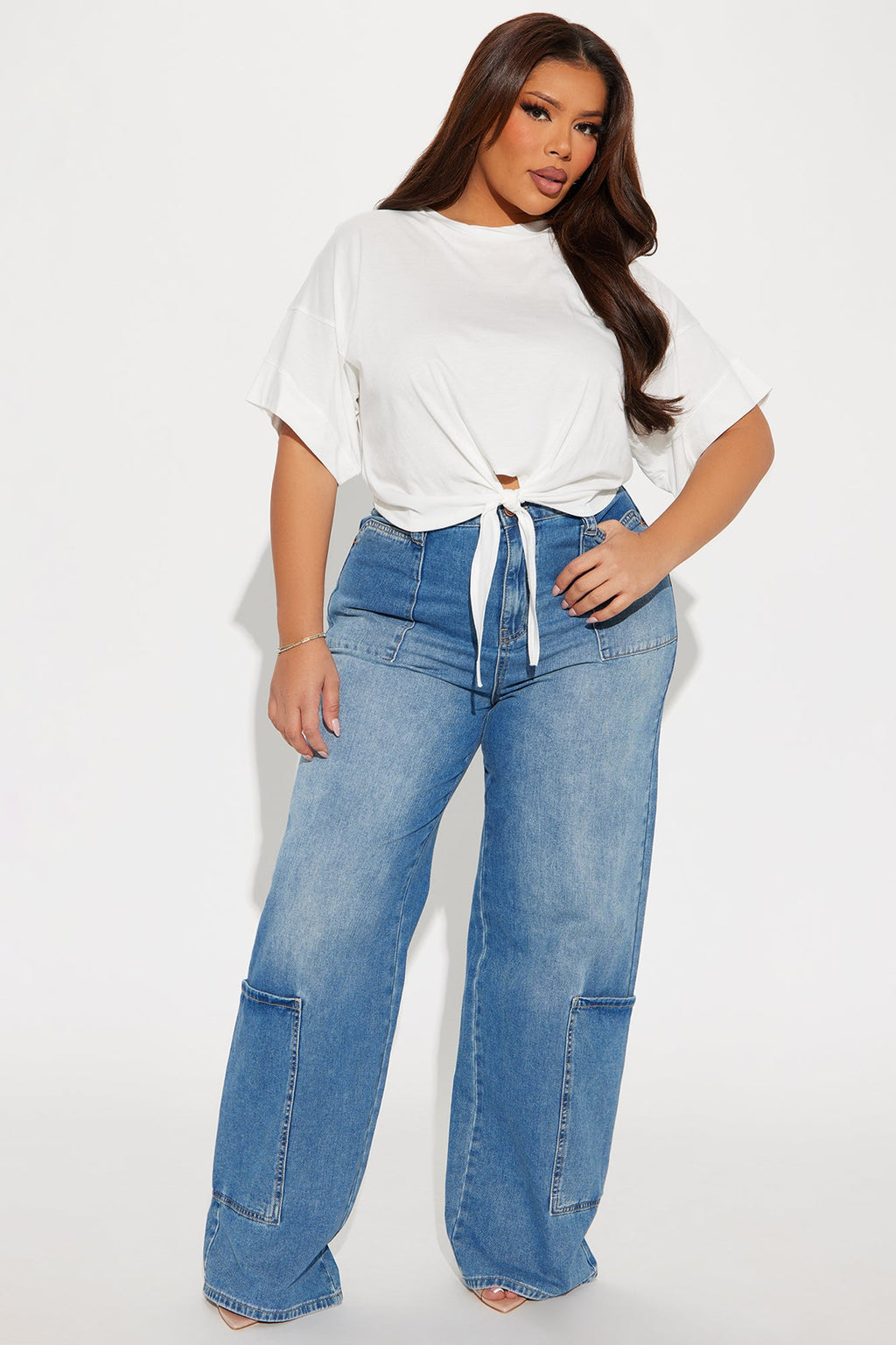 Press Rewind Cargo Pocket Straight Leg Jeans - Medium Wash