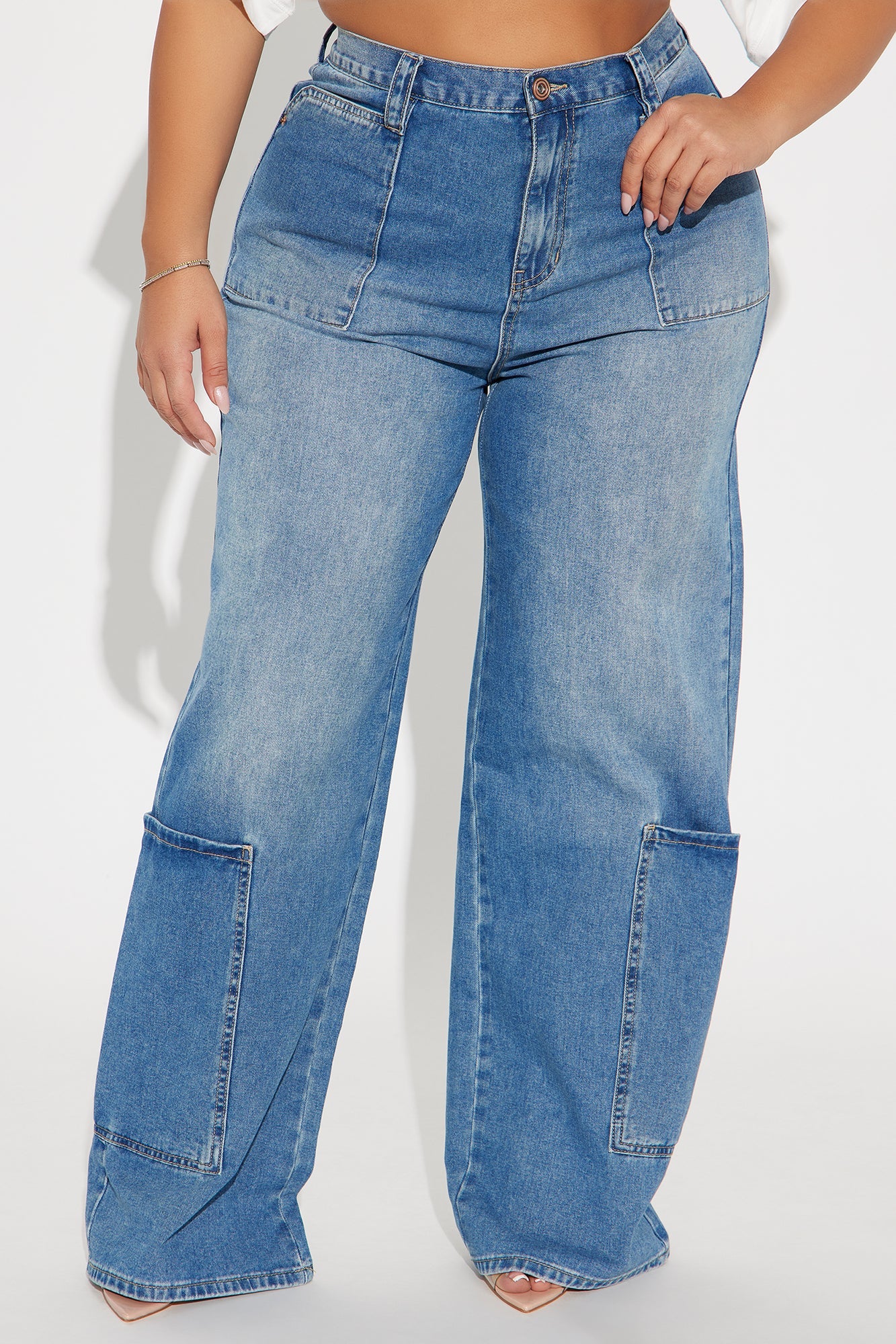 Press Rewind Cargo Pocket Straight Leg Jeans - Medium Wash