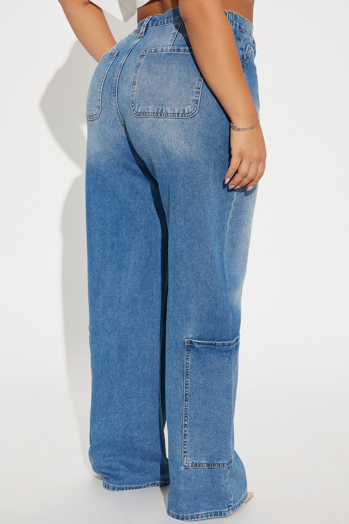 Press Rewind Cargo Pocket Straight Leg Jeans - Medium Wash