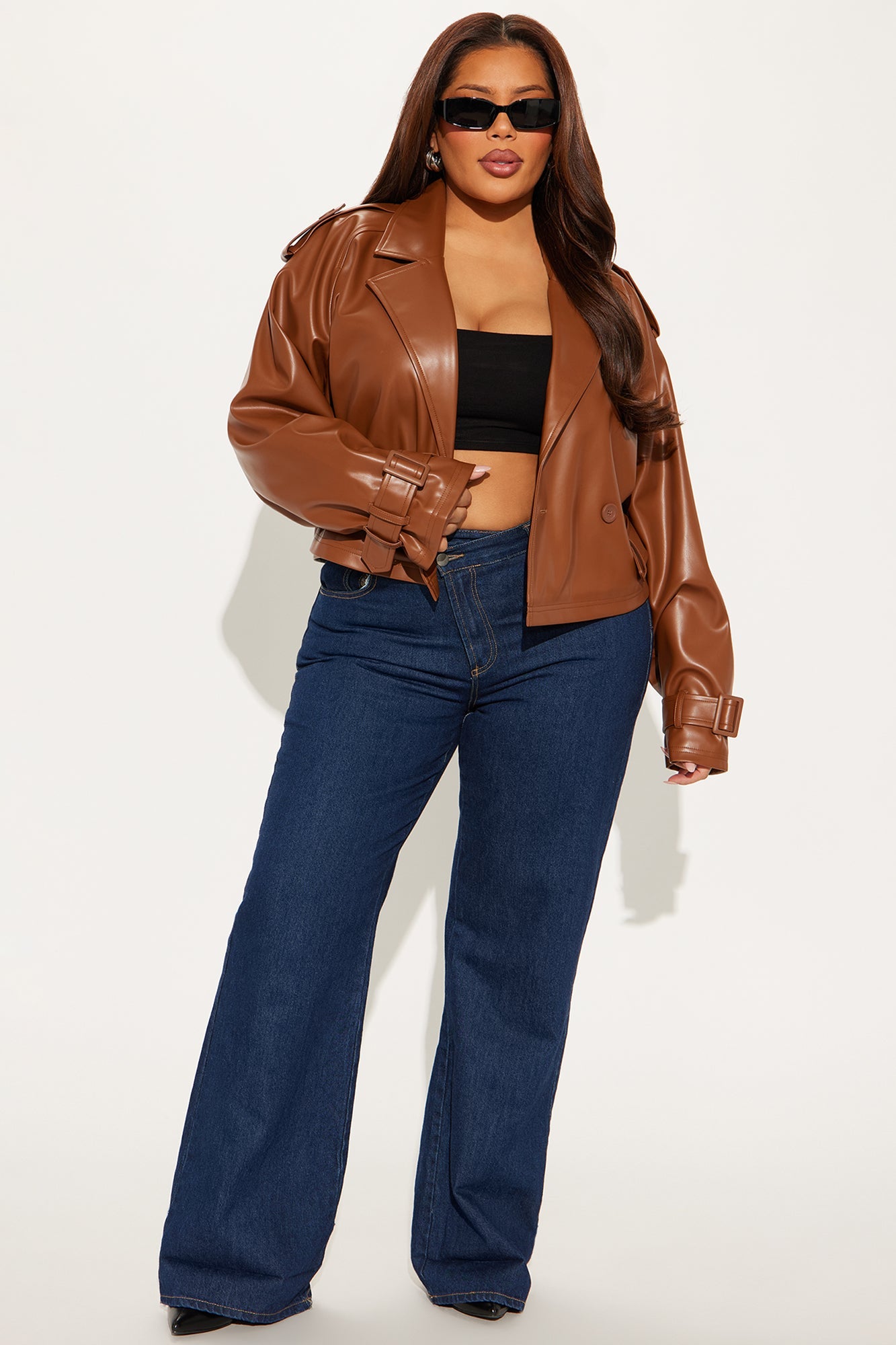 Kourtney Cropped Faux Leather Trench - Cognac