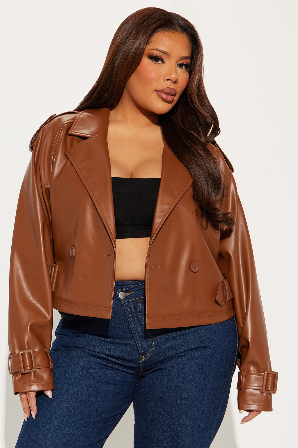 Kourtney Cropped Faux Leather Trench - Cognac