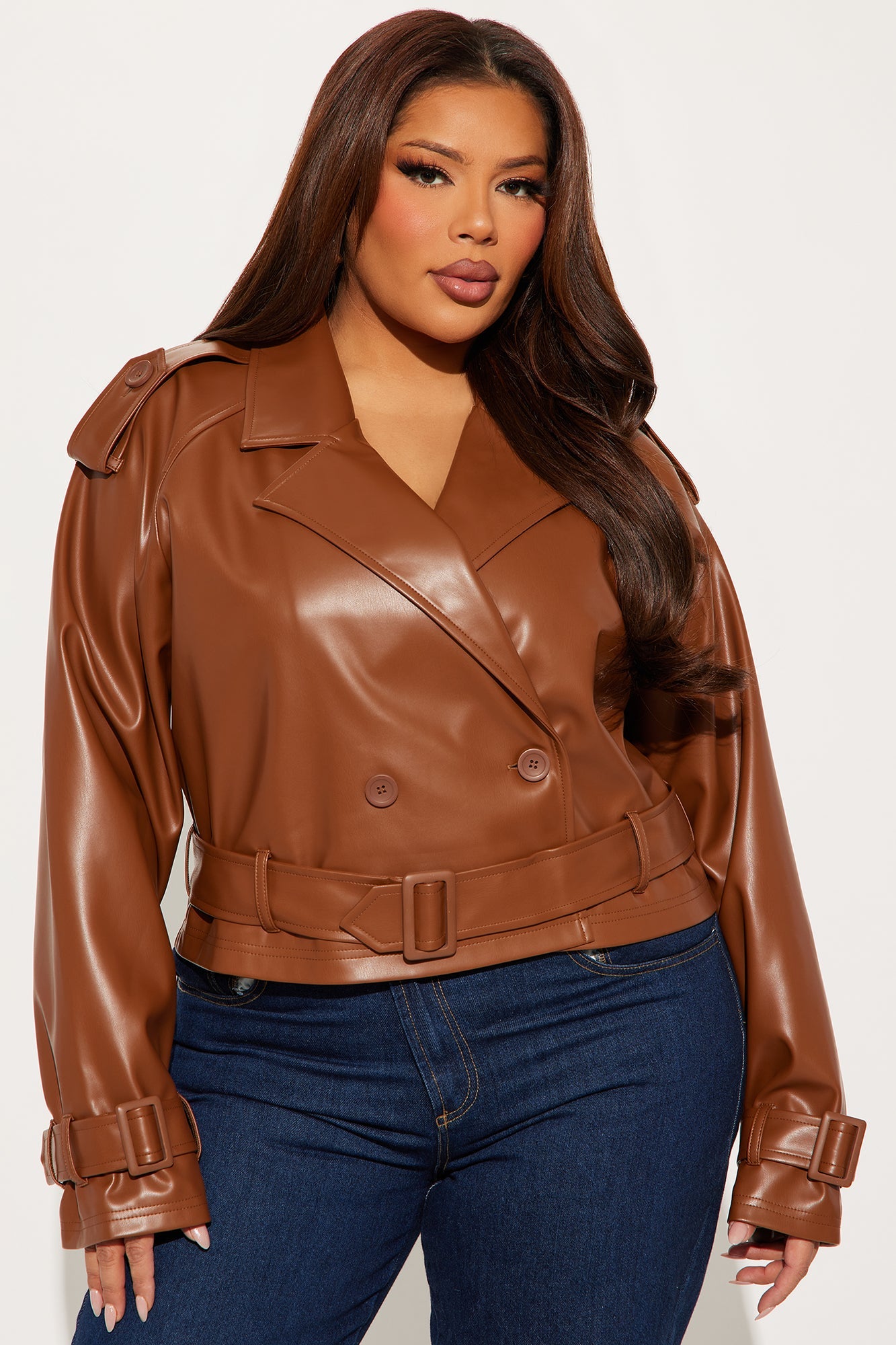 Kourtney Cropped Faux Leather Trench - Cognac