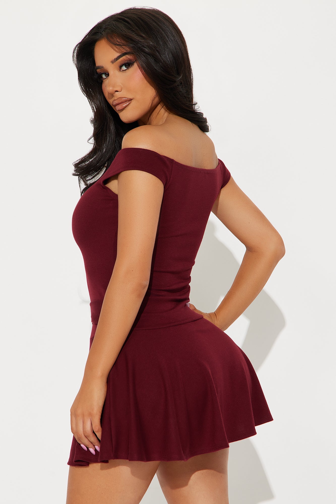 Zaya Off Shoulder Mini Dress - Wine